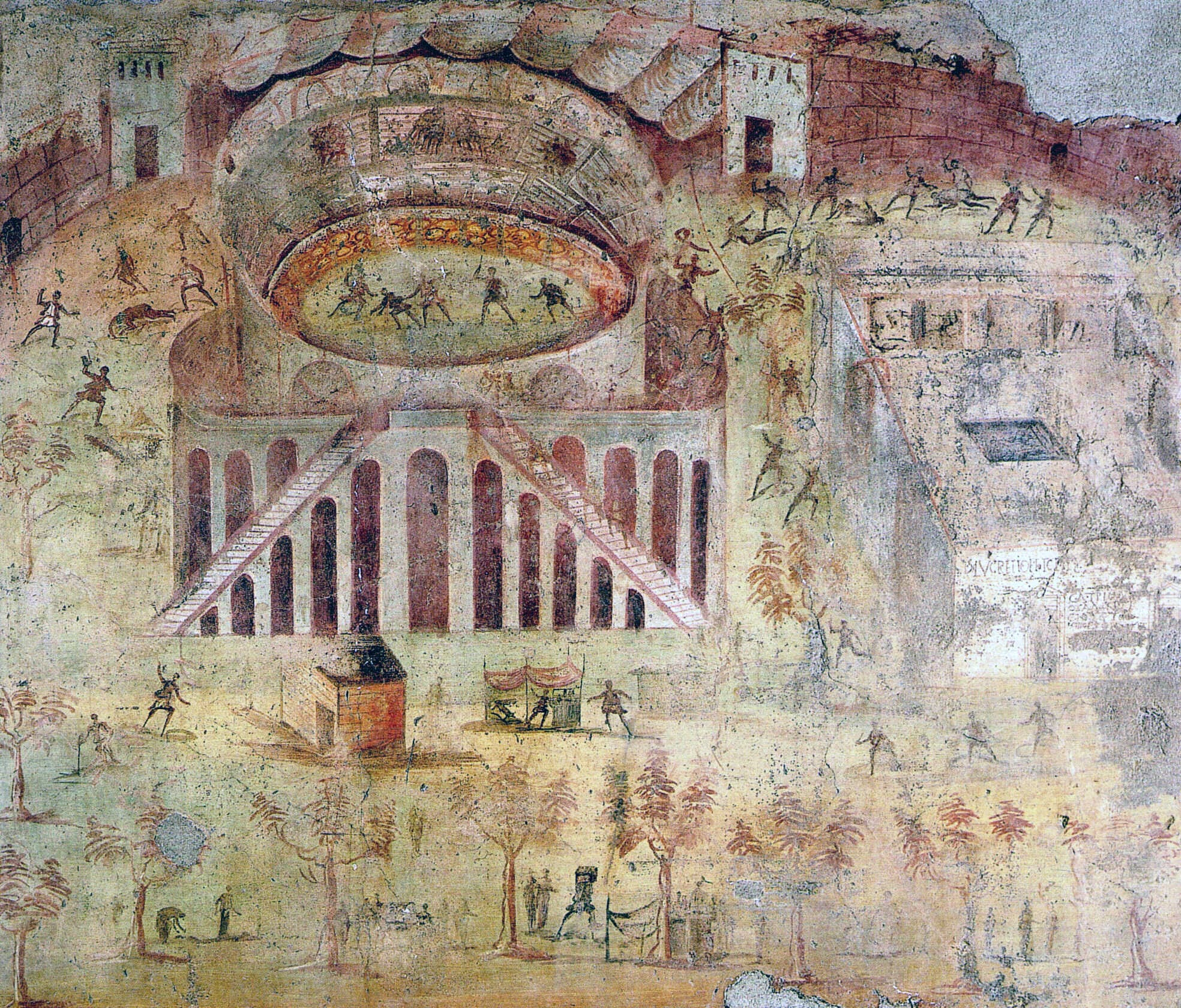 The famous Roman fresco in Pompeii of the battle at the Amphitheatre