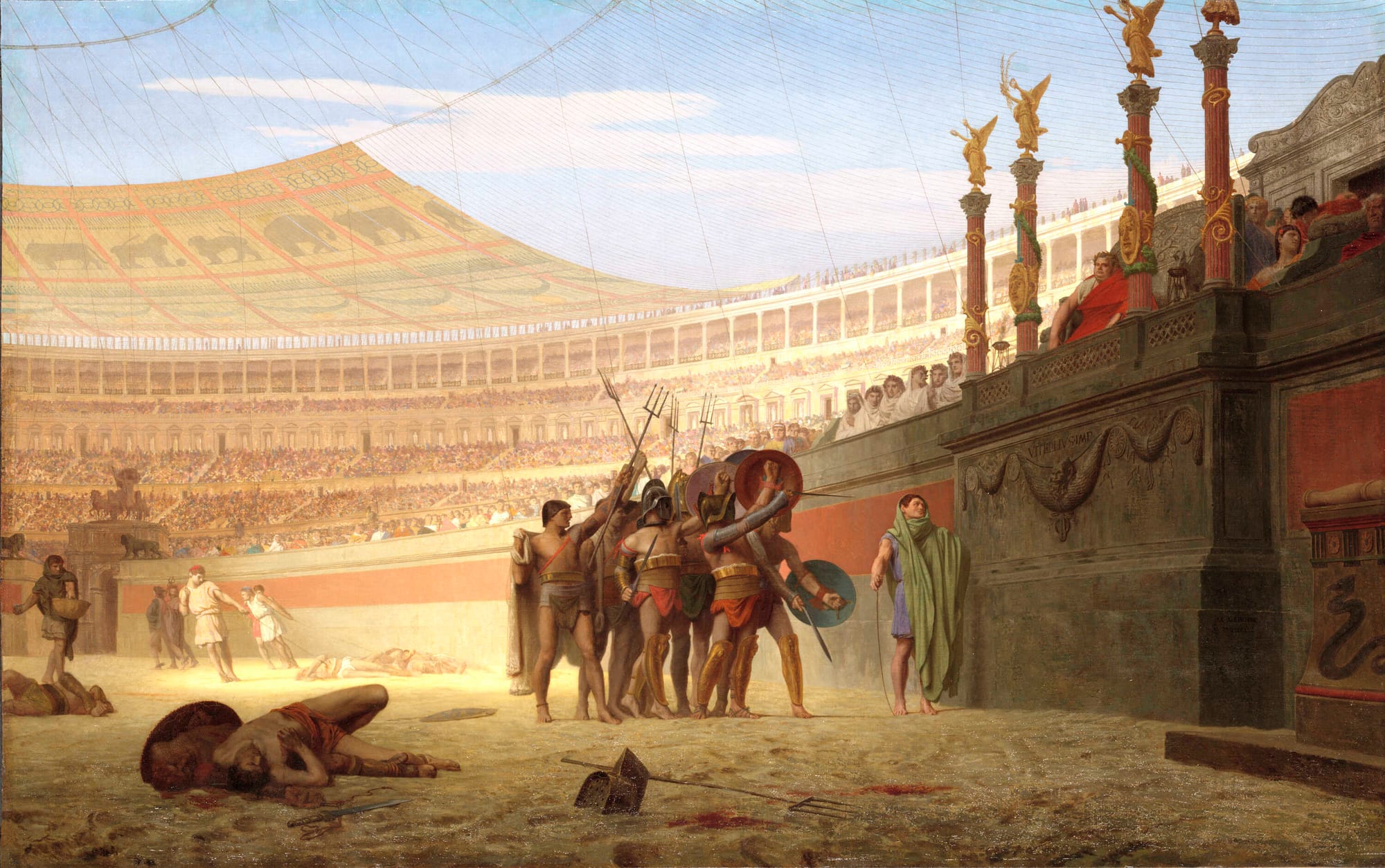 The painting Ave Caesar Morituri te Salutant, from Jean-Leon Gerome, showing the awning of a Roman Arena