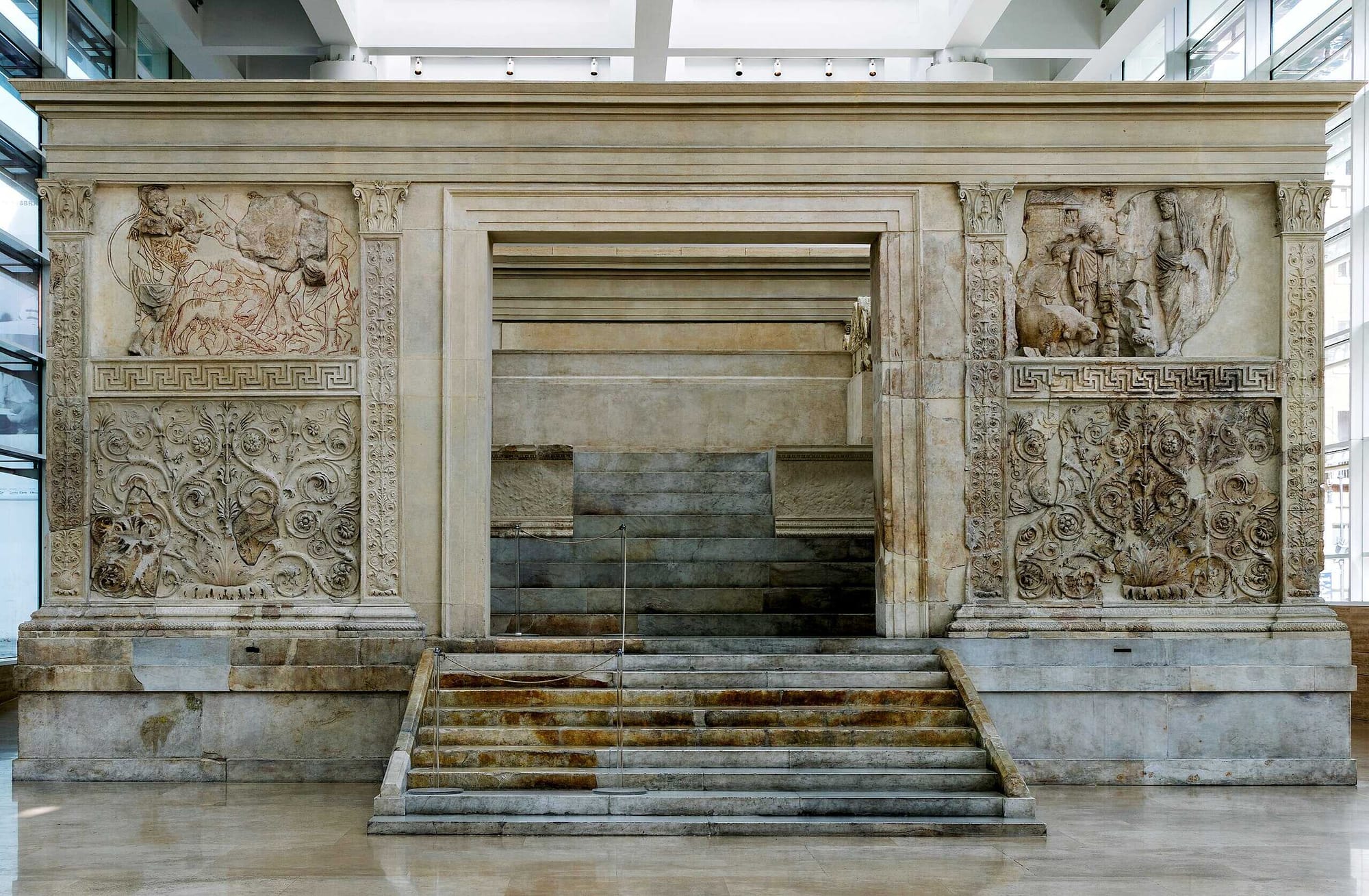 A front view of the Ara Pacis monument, to many symbolising the Pax Romana