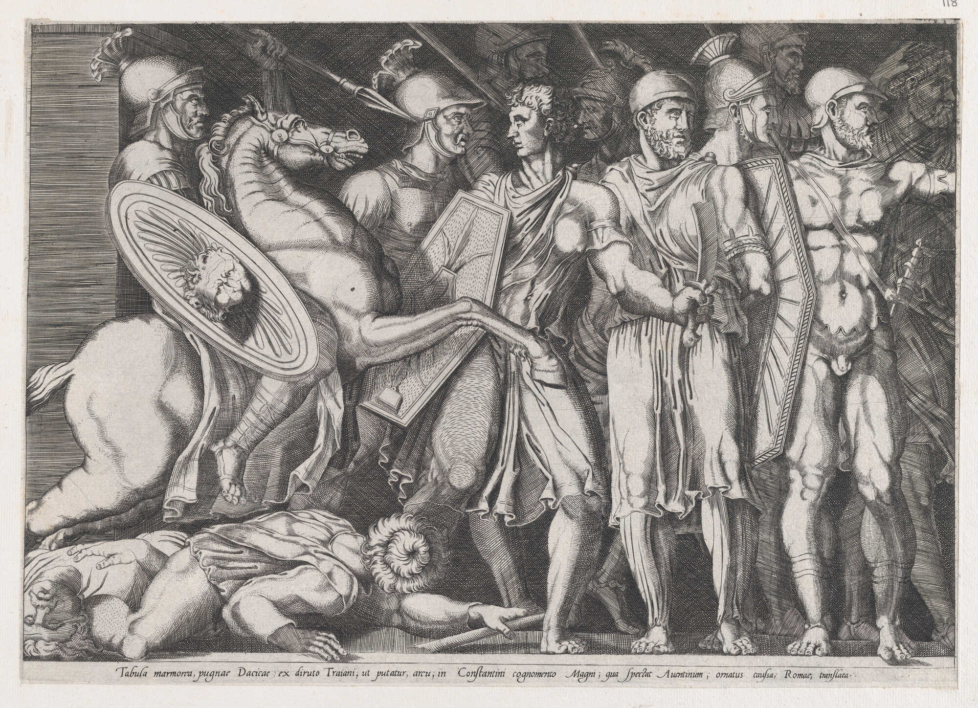 A gravure attributed to Marco Dente, showcasing Trajan fighting the Dacians, from Speculum Romanae Magnificentiae