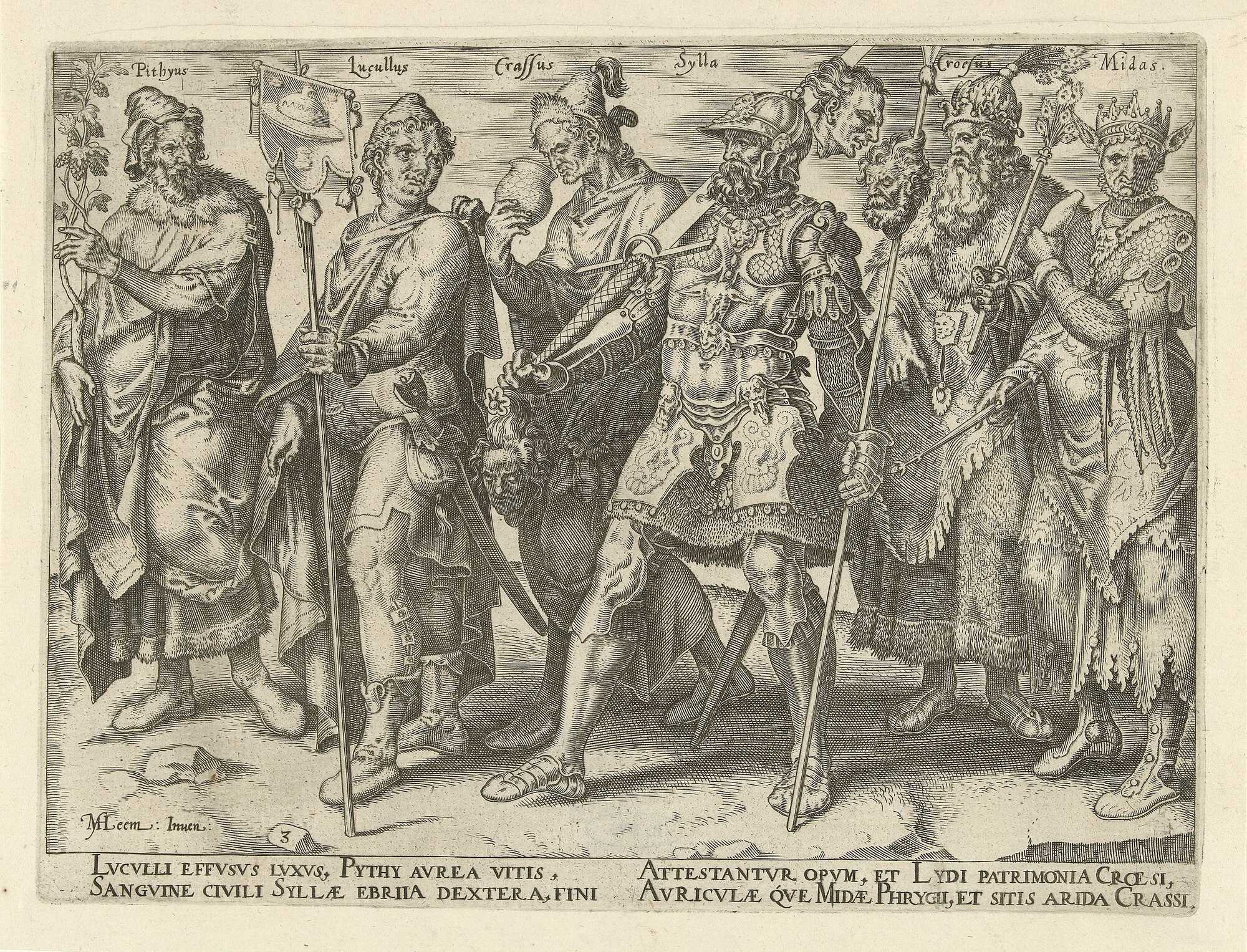 A gravure by Haarlem, depicting the famous and infamous rich men, Crassus alongside Midas, Croesus, Sulla, Pithyus and Lucullus