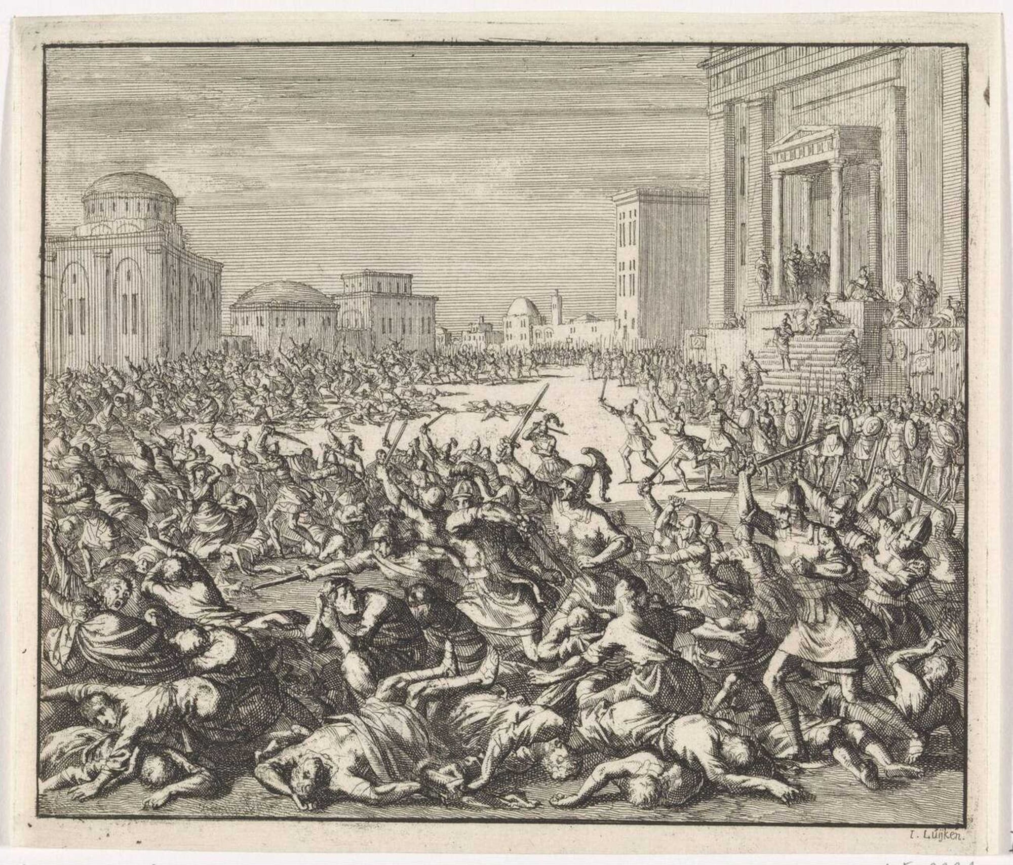 A gravure by Jan Luyken, depicting Roman Emperor Theodosius I slaughtering seven thousand residents of Thessaloniki