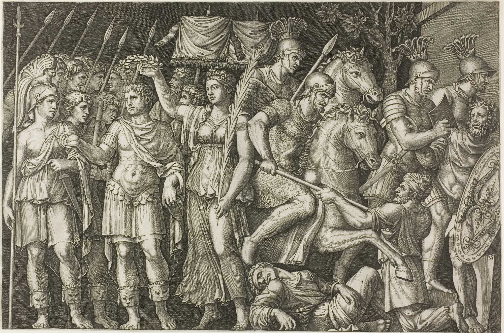 A gravure depicting Trajan crowned by Victory, by Marcantonio Raimondi