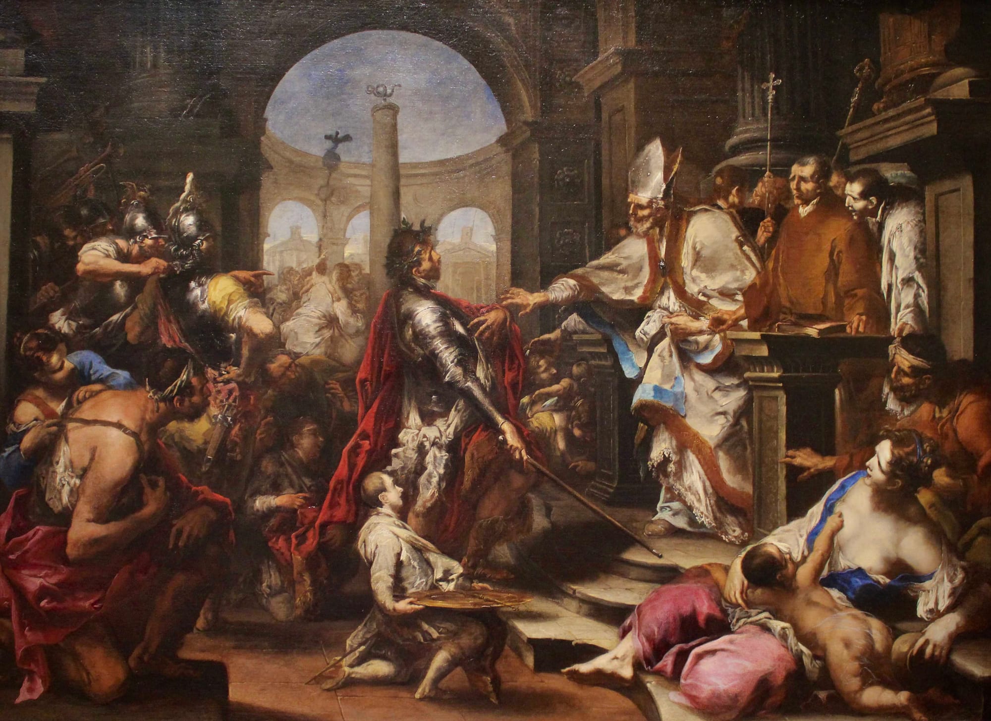 A painting by Alessandro Magnasco, depicting Roman Emperor Theodosius repulsed from the Church by Saint Ambrose because of his actions in Thessalonica