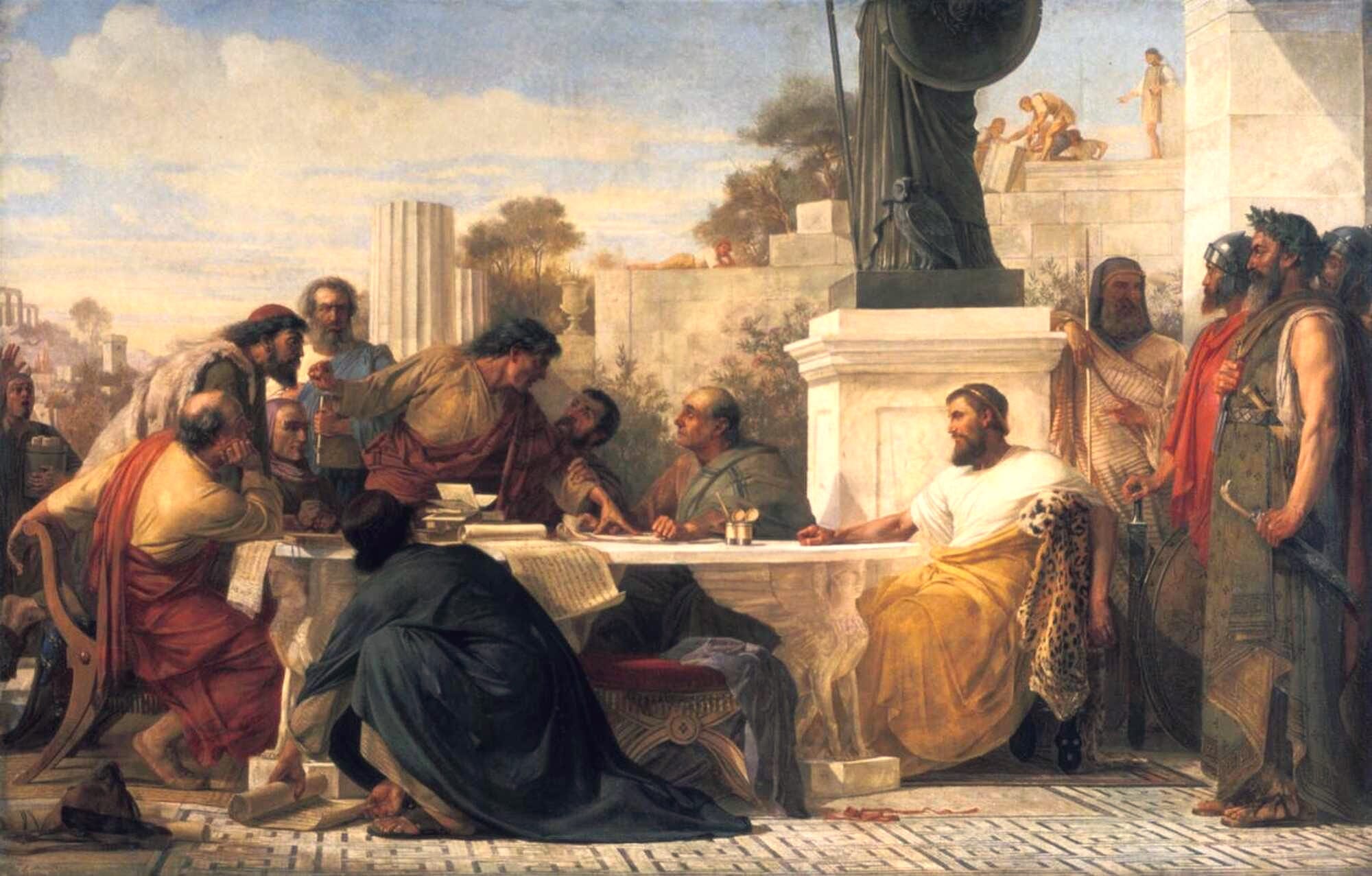 A painting by Edward Armitage depicting Roman Emperor Julian the Apostate presiding at a conference of sectarian