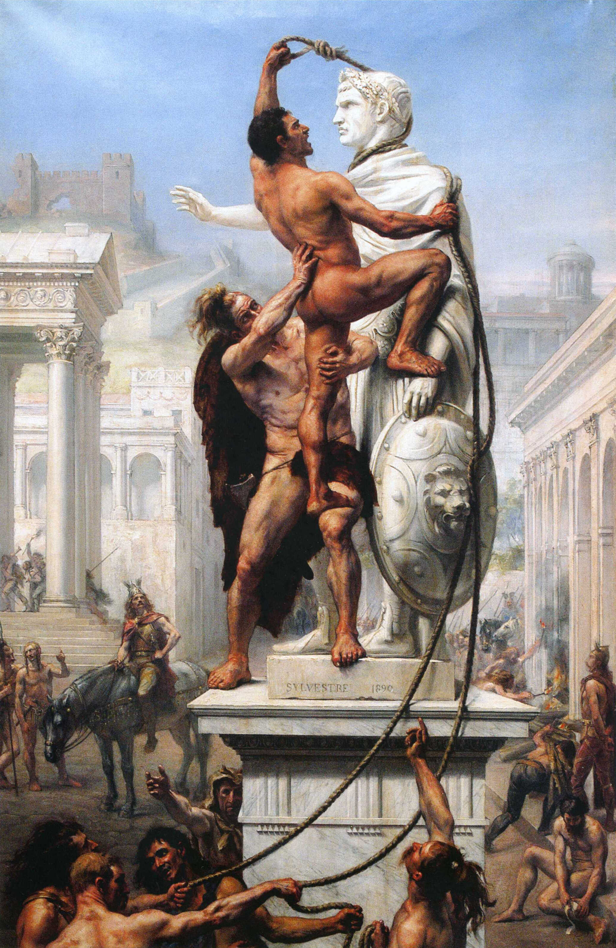 A painting by Joseph-Noel Silvestre dubbed "The Sack of Rome by the Barbarians", depicting its plunder by the Visigoths in 410