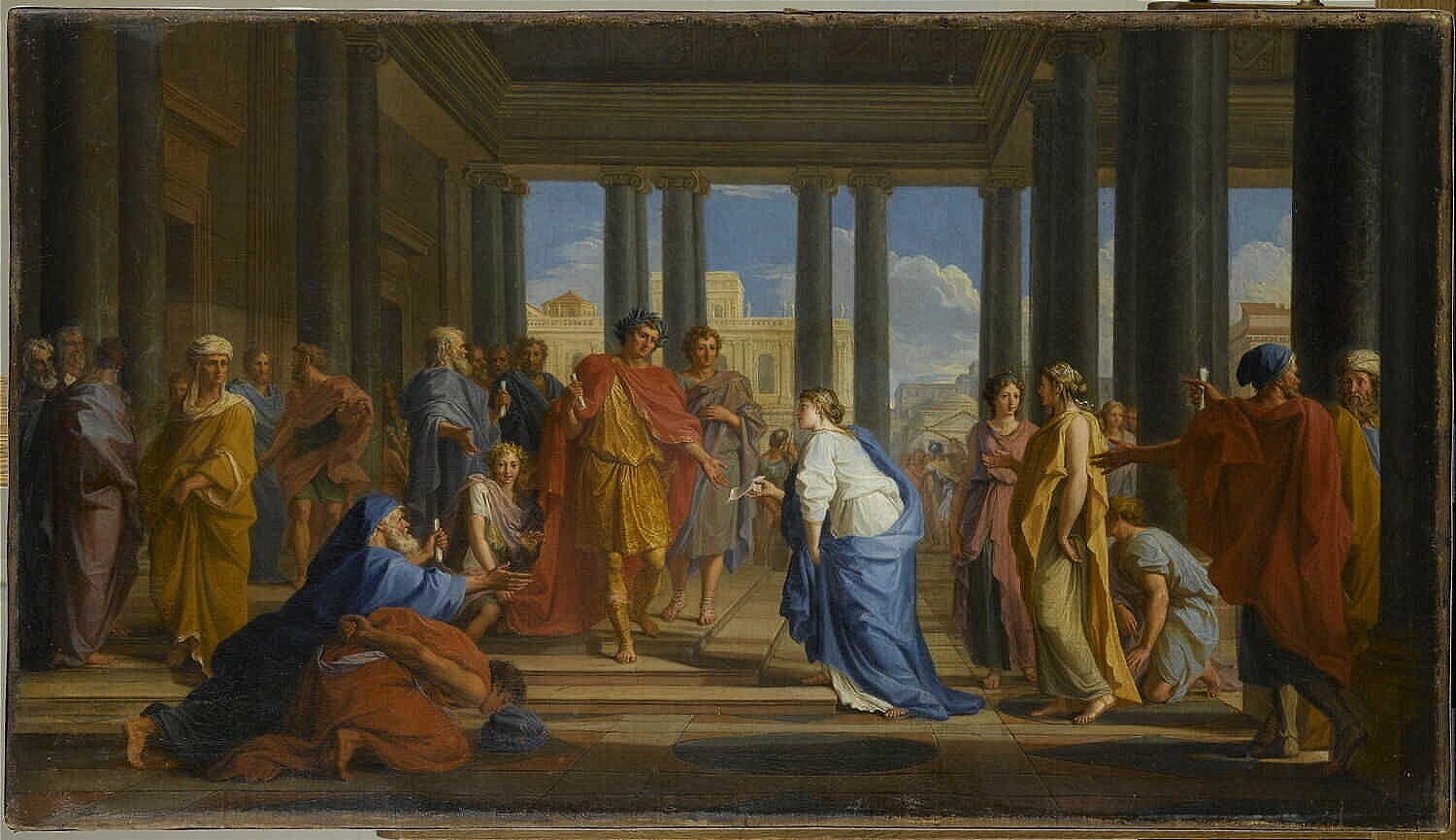 A painting of Noël Coypel, depicting  Emperor Trajan receiving the requests of the Roman people