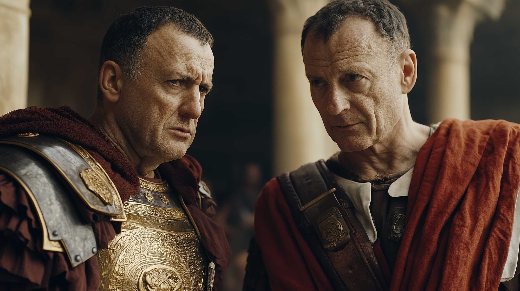 A possible representation of Marcus Licinius Crassus (left) and Julius Caesar (right), discussing about politics