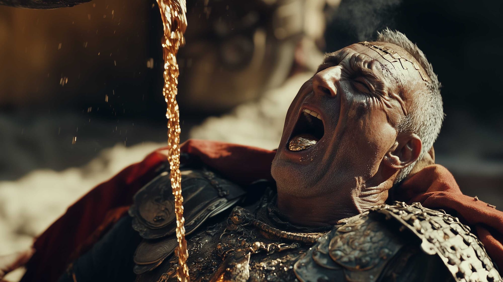 A possible representation of Marcus Licinius Crassus, while the Parthians pour molten gold on him