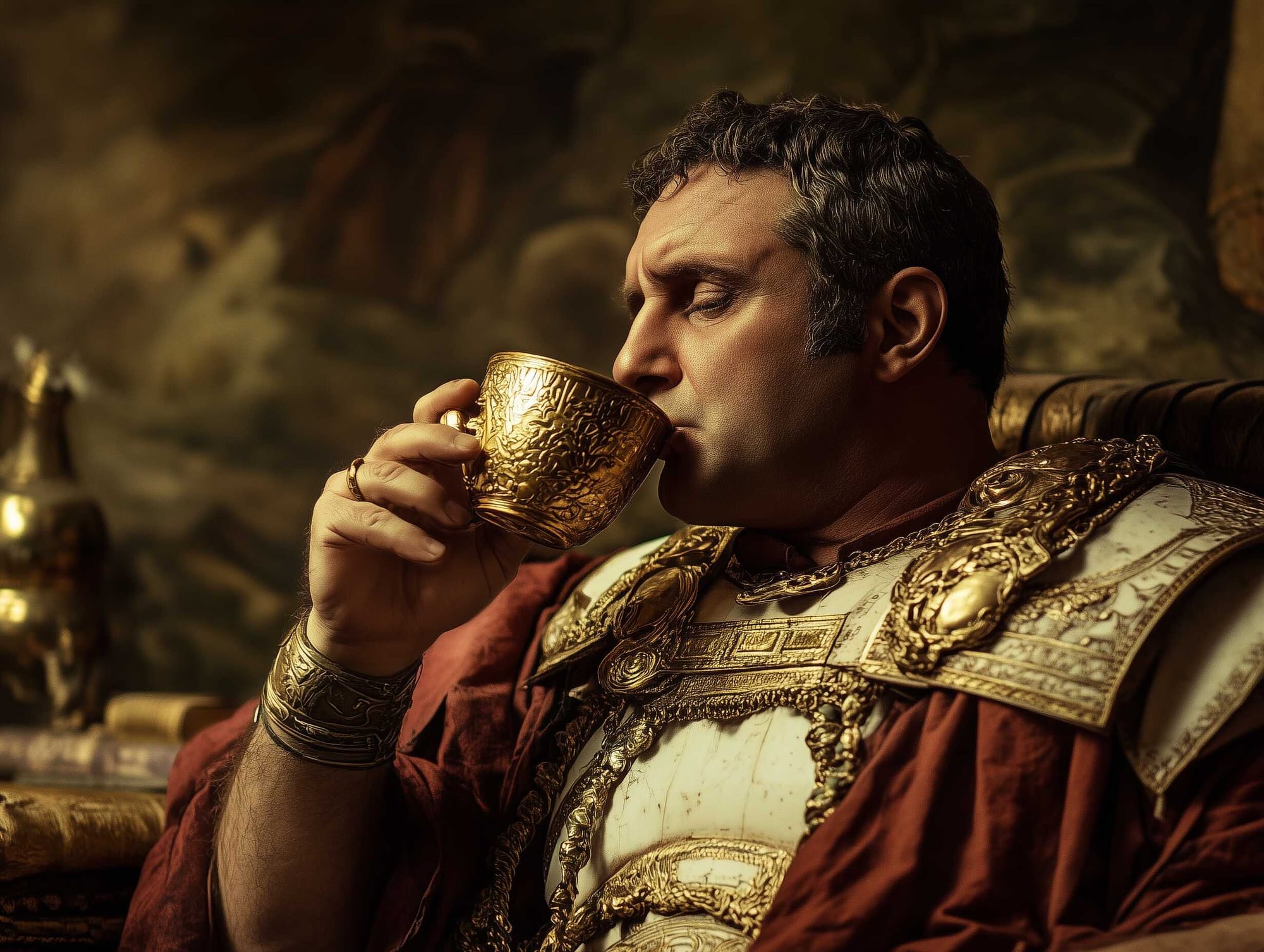 A possible representation of Roman Emperor Vitellius, indulging in another cup of wine