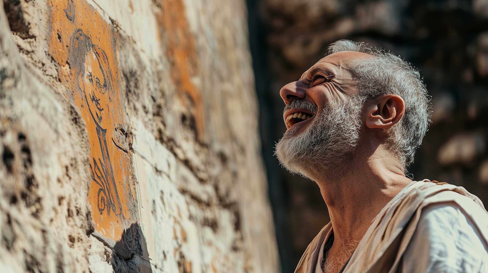 A possible representation of an Ancient Roman laughing at a caricature graffiti he just saw on the wall