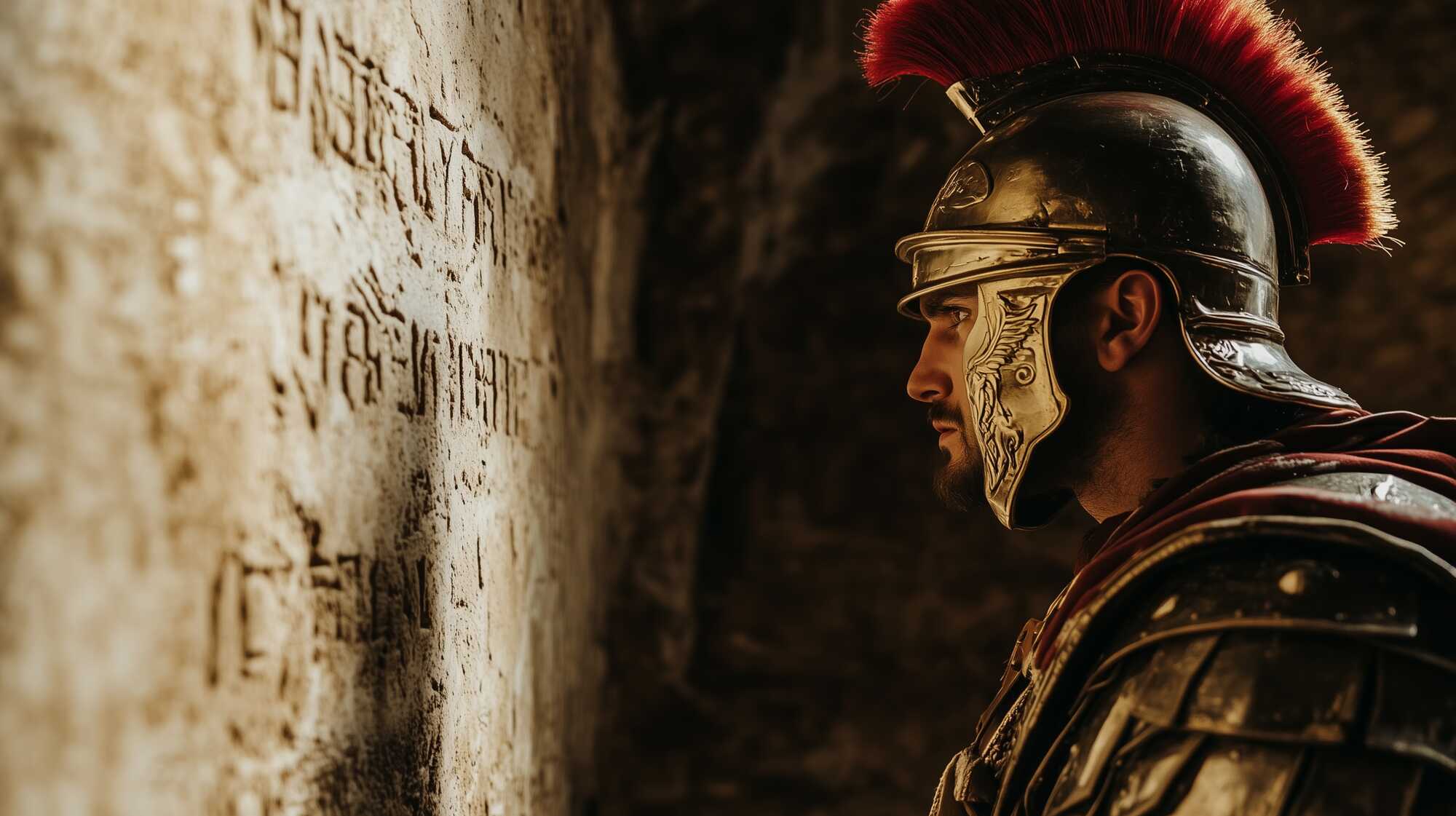 A possible representation of an Ancient Roman soldier looking at orders in the form of graffiti on the wall