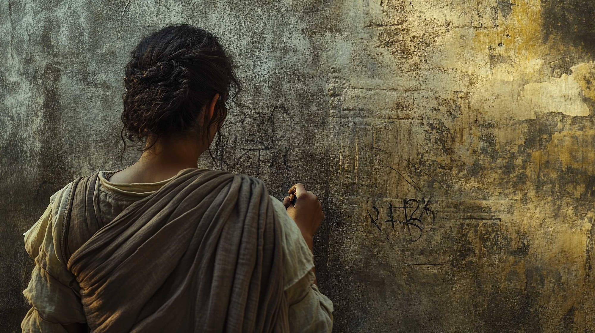 A possible representation of an Ancient Roman woman as she is creating a graffiti on the wall