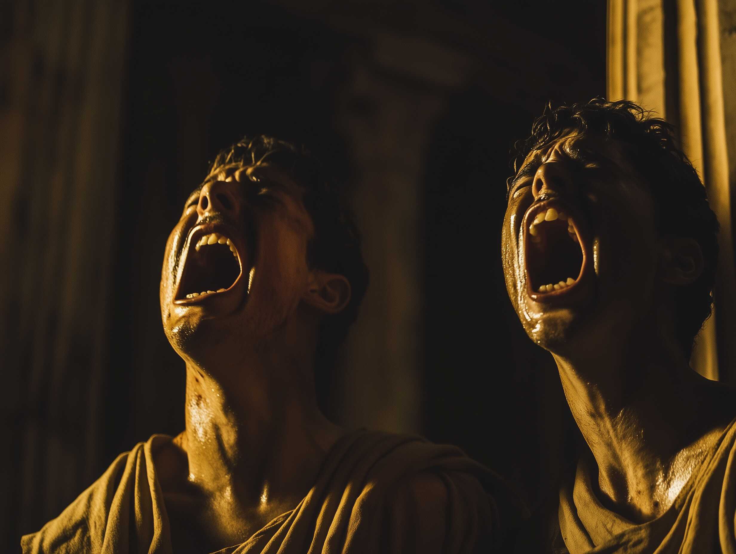 A possible representation of the servants of Roman Emperor Otho, screaming and crying at the suicide of their master