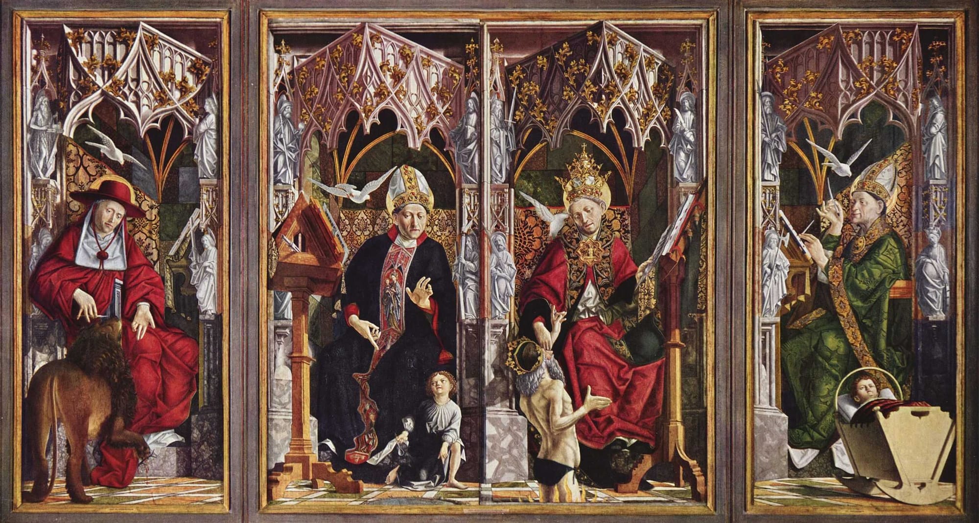 Altarpiece of the Church Fathers by Michael Pacher, third is seen Pope Gregory the Great, who is delivering Emperor Trajan from Purgatory