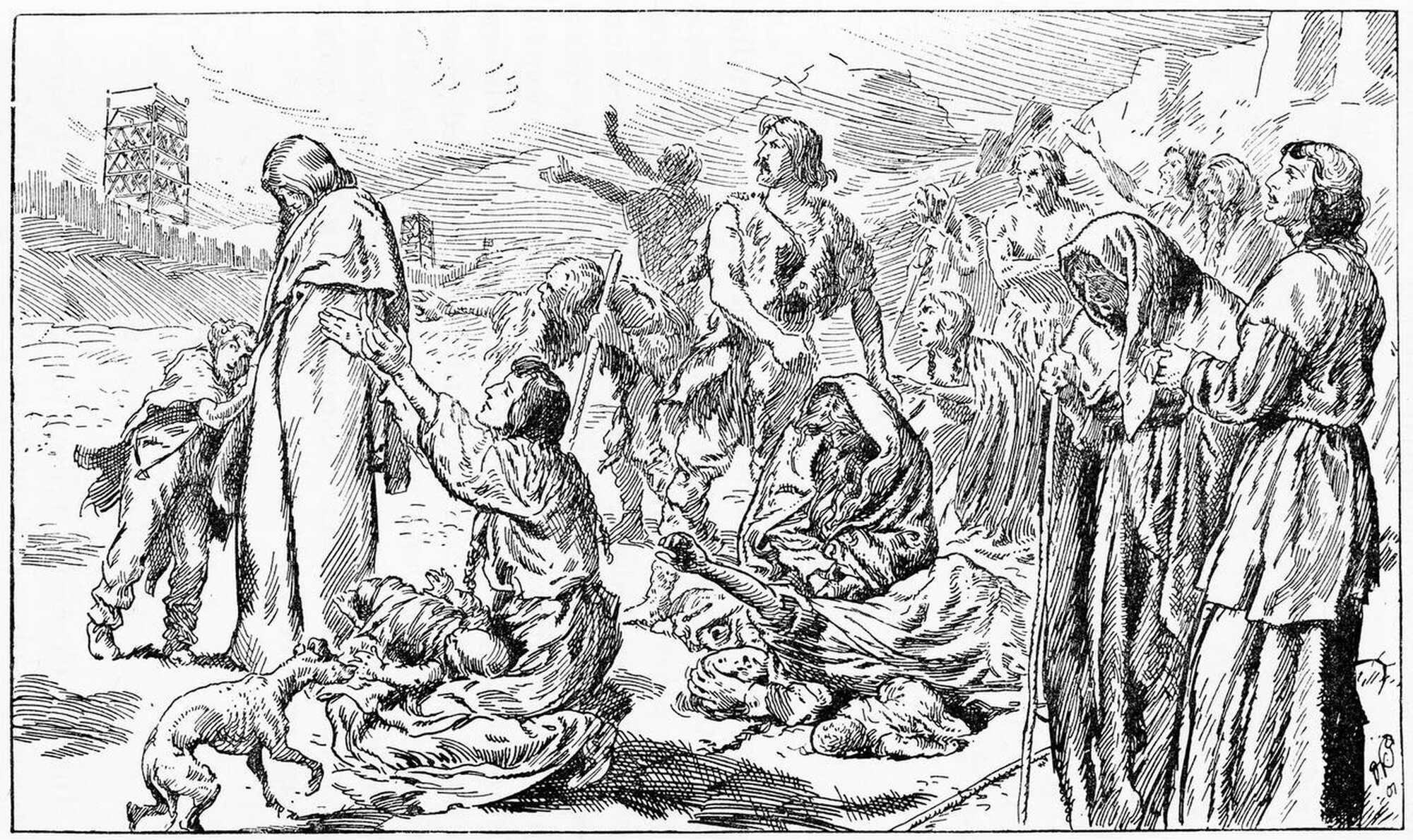 An engraving of Alesians begging for food from Caesar after being expelled from their homes