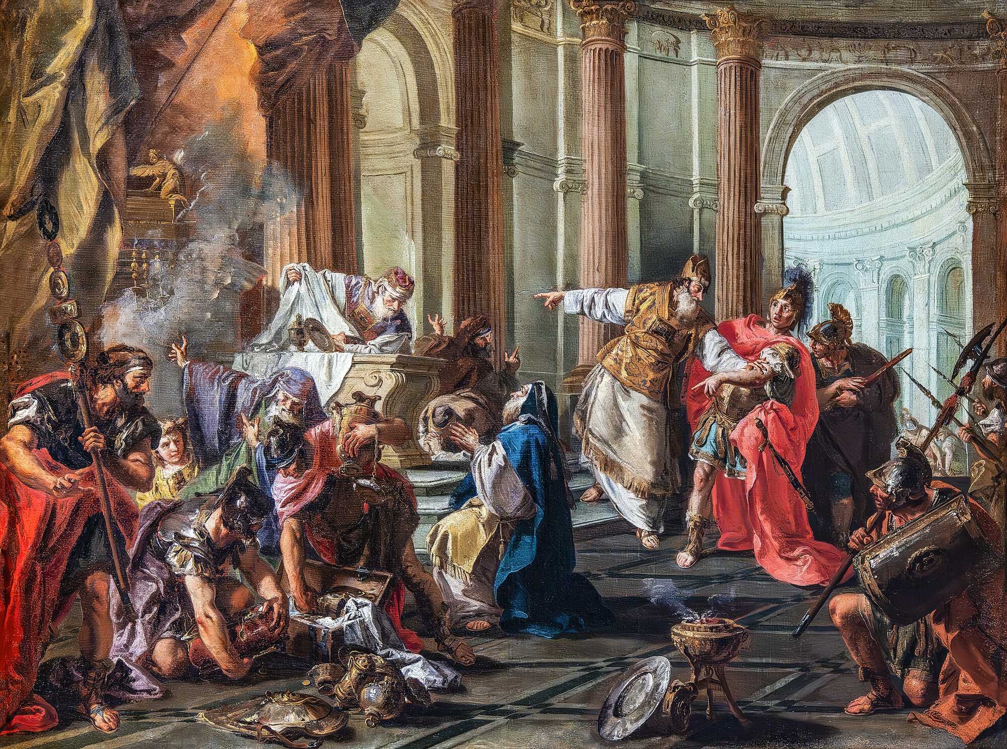 Marcus Licinius Crassus, the richest man in the history of Rome, while looting the temple of Jerusalem, a painting by Giambattista Pittoni