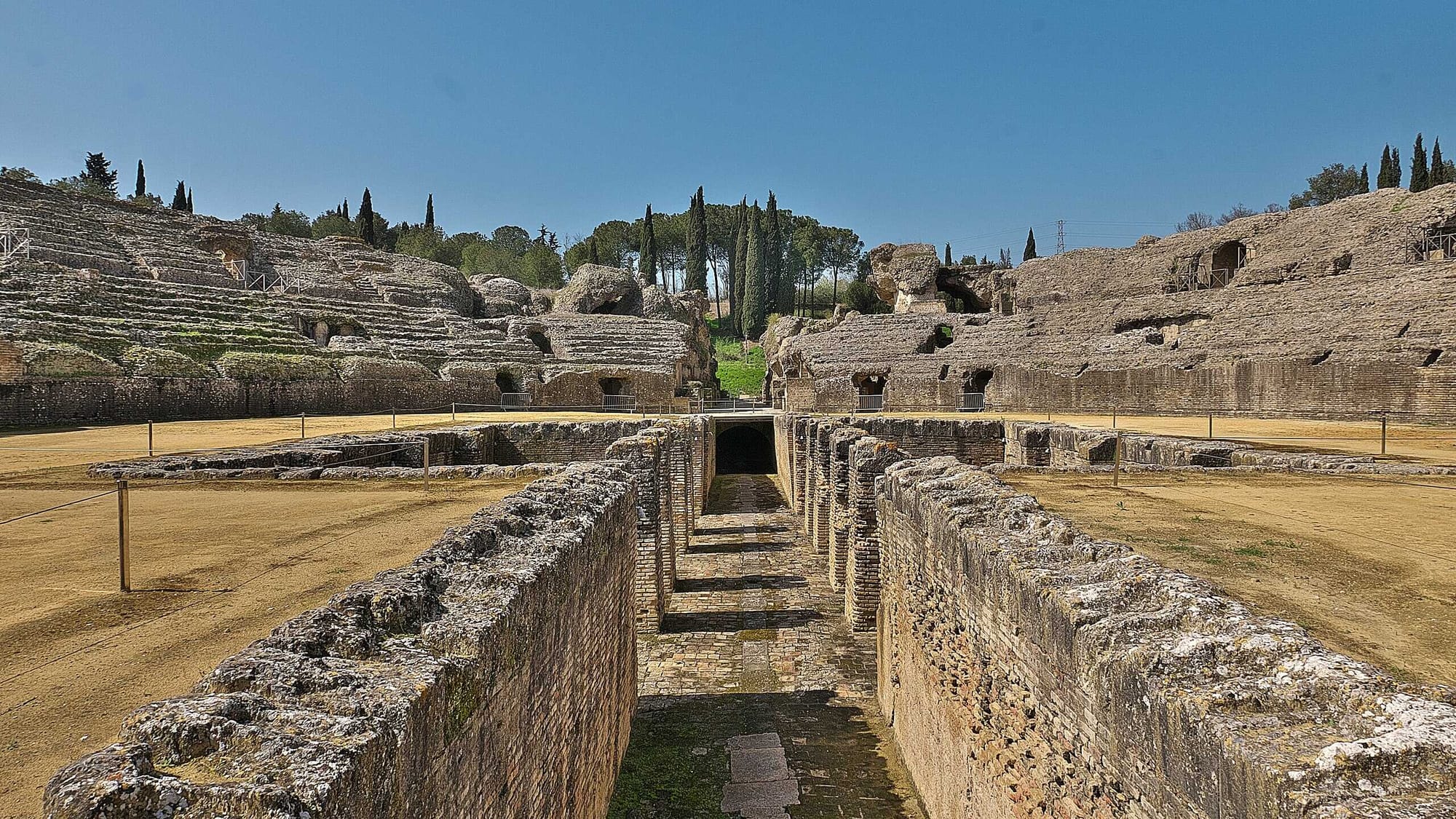 The view from the Roman amphitheater of Italica, near Santiponce, Sevilla, Spain