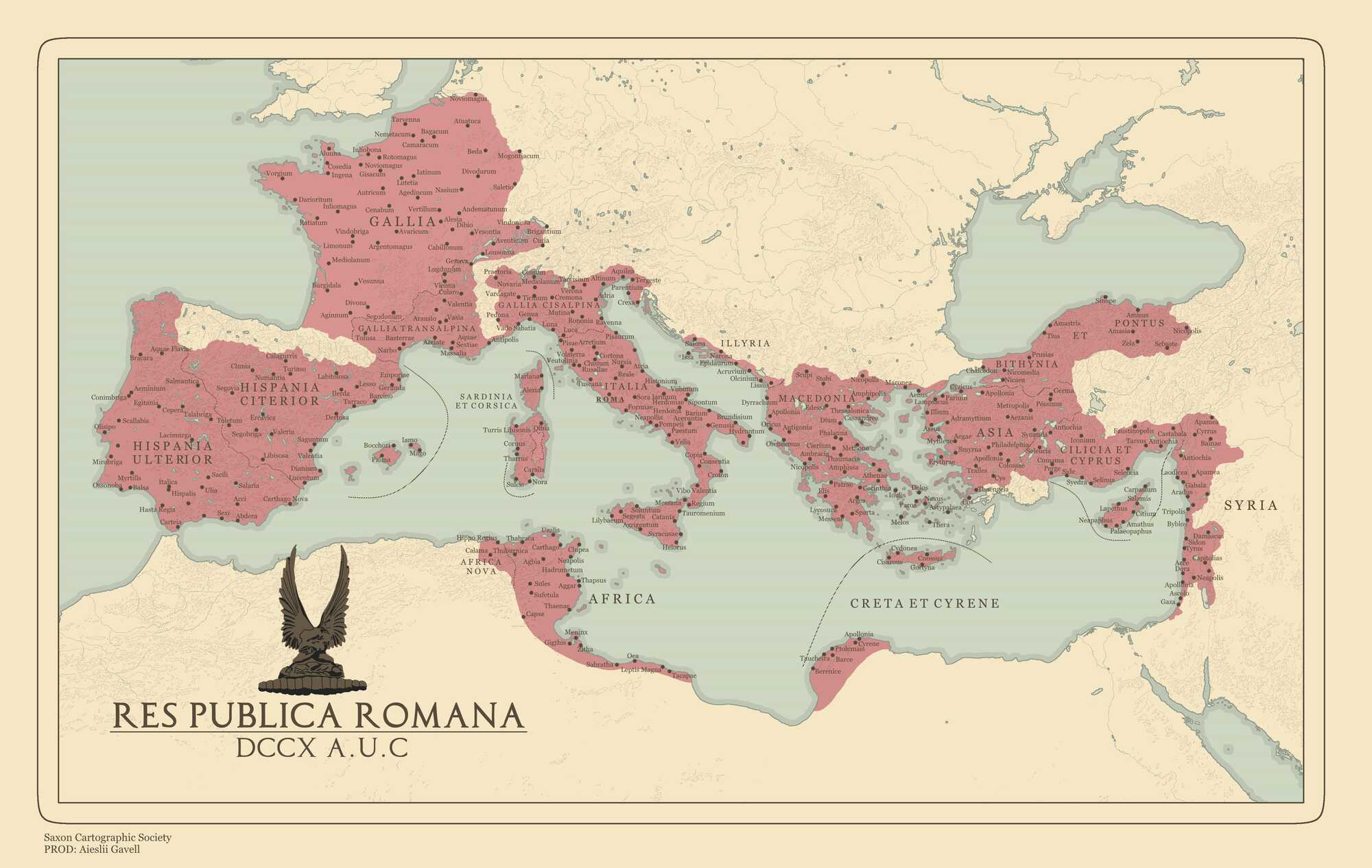 A map of the Roman Republic in 44 BC (DCCX A.U.C in the Roman Calendar)