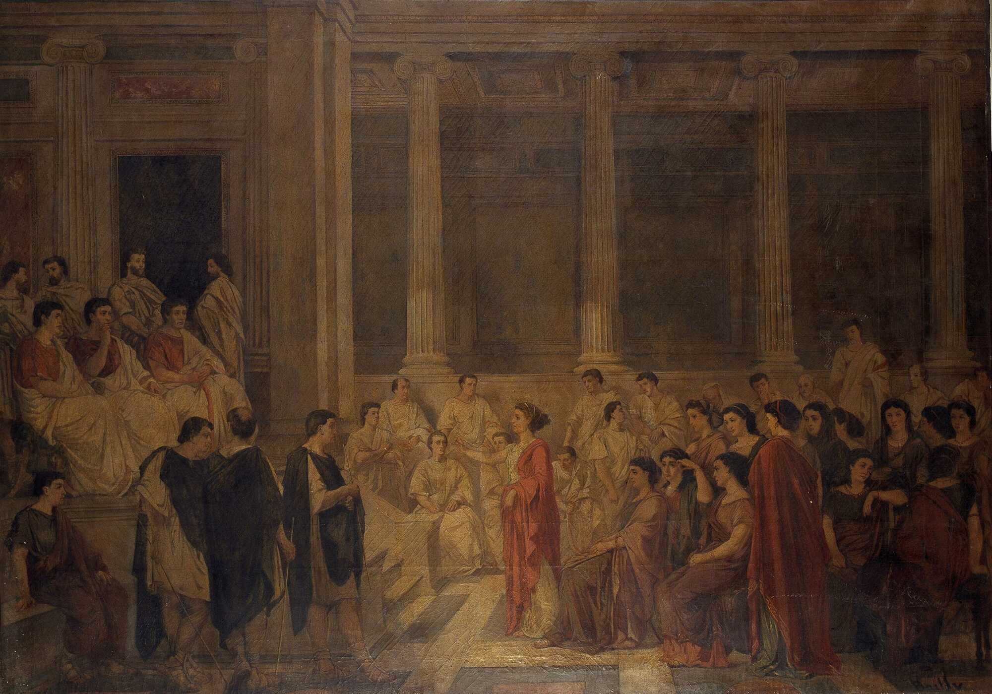 A painting of Ernest Joseph Bailly, depicting the Vestal Virgins handing over the Testament of Emperor Augustus to the Roman Senate