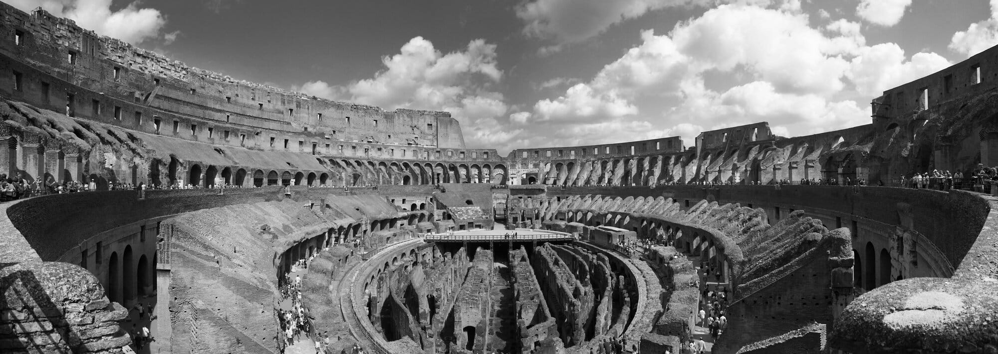 A black and white shot of the Colosseum as it is today.