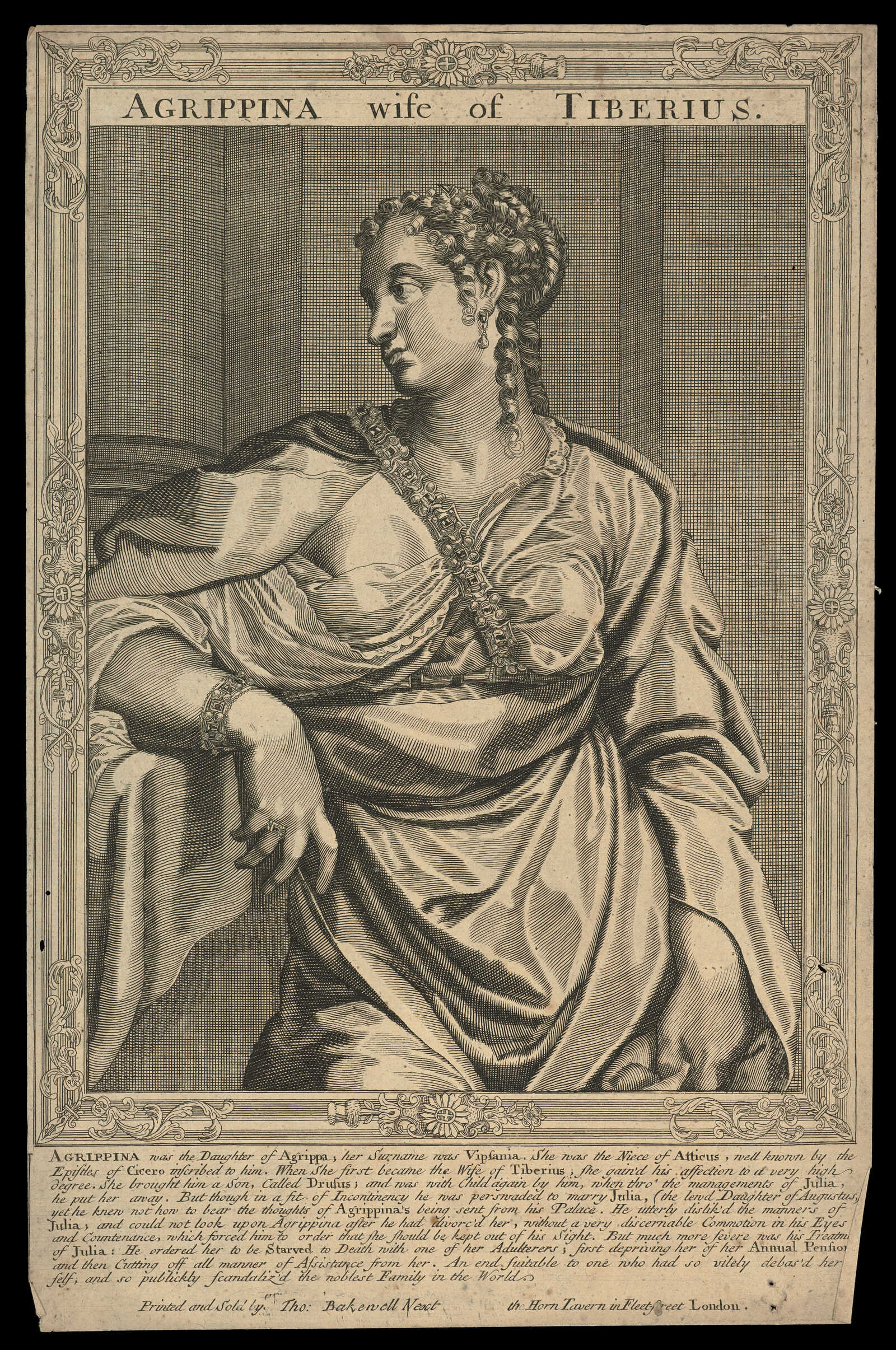 A line engraving of Vipsania Agrippina, first wife of Tiberius Caesar