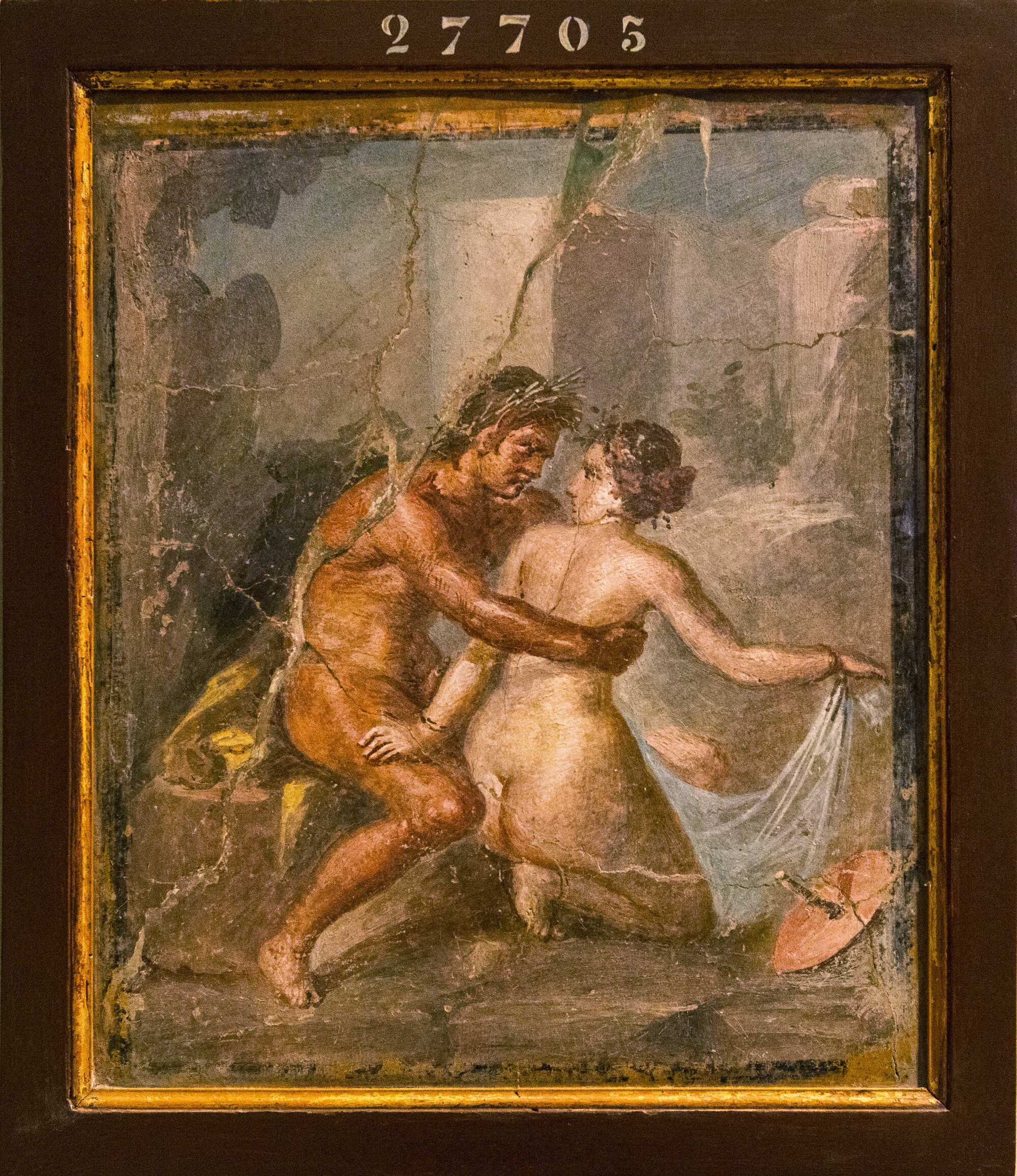 A fresco possibly inspired by Ovid, depicting a nymph surprised by a satyr, from the exhibition “Ovid — Love, Myths and Other Stories”