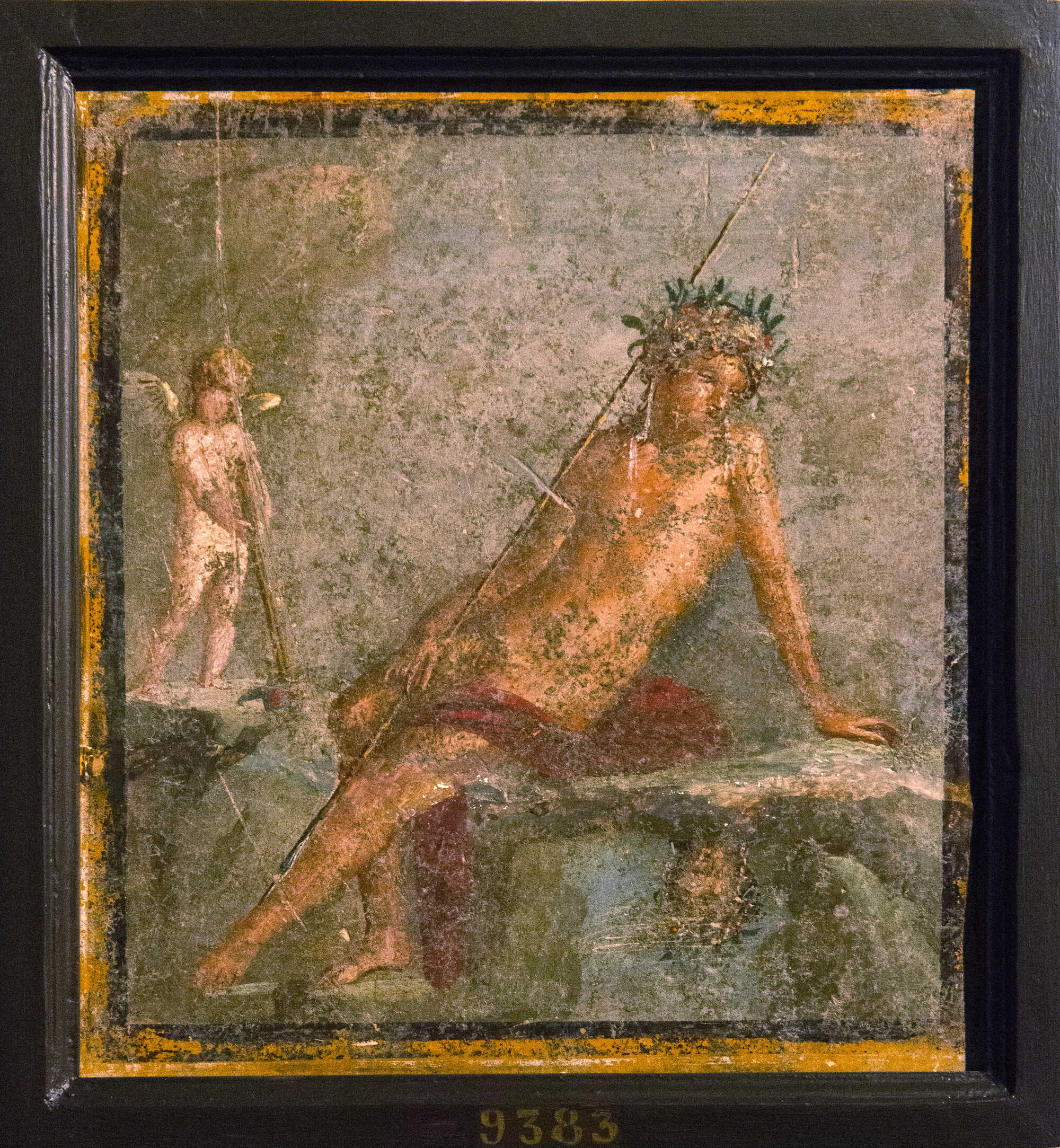 A fresco possibly inspired by Ovid’s Metamorphoses, depicting Narcissus and Cupid, as the former gazes at his form in the water, from the exhibition “Ovid — Love, Myths and Other Stories”