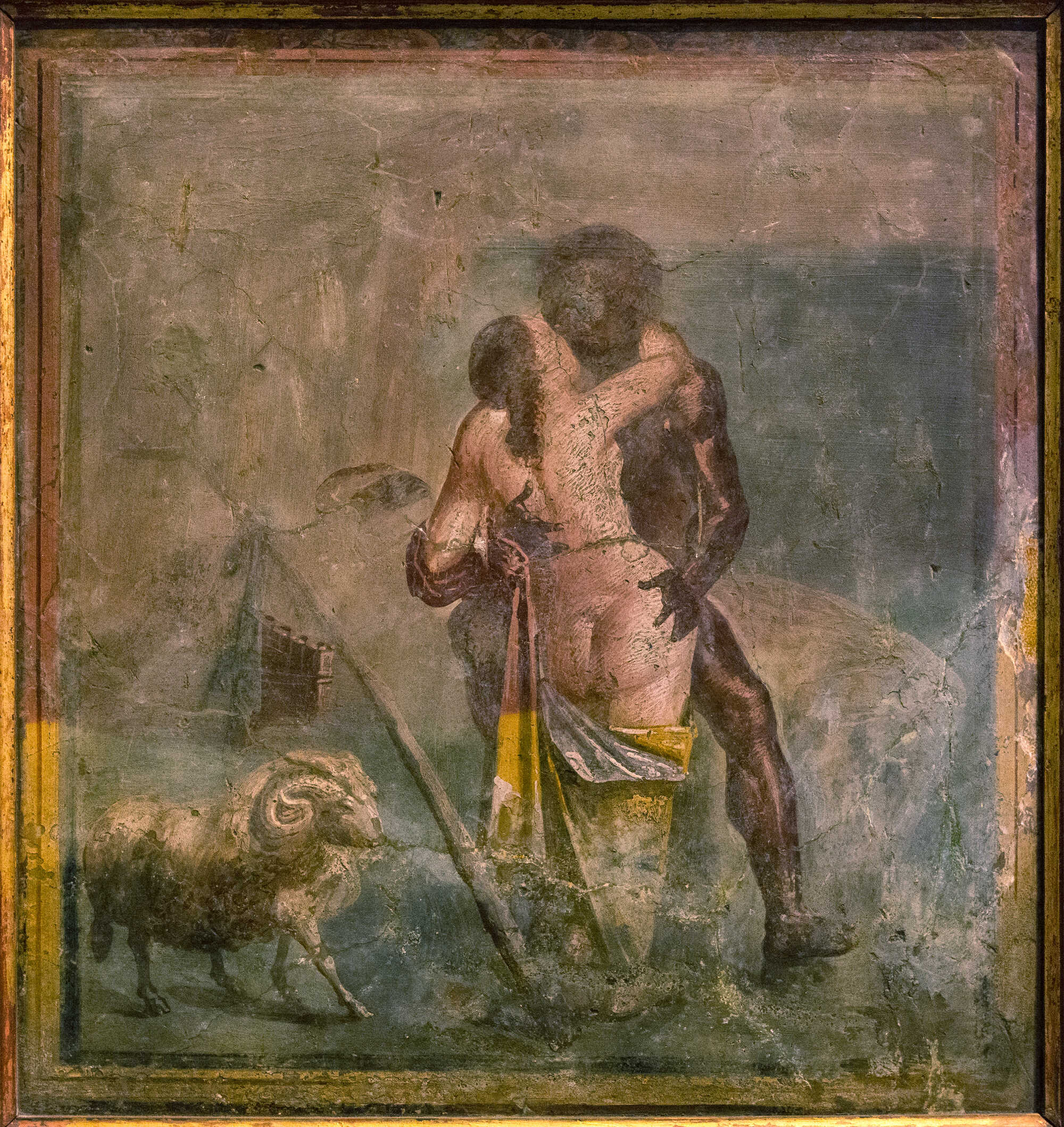 A fresco possibly inspired by Ovid’s Metamorphoses, depicting a passionate kiss of love from the cyclops Polyphemus to his beloved Galatea, from the exhibition “Ovid — Love, Myths and Other Stories”