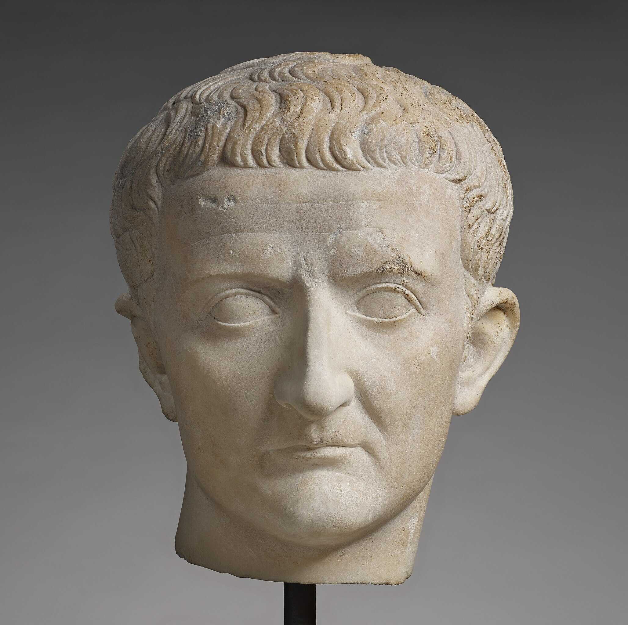 A portrait head of Tiberius from the front