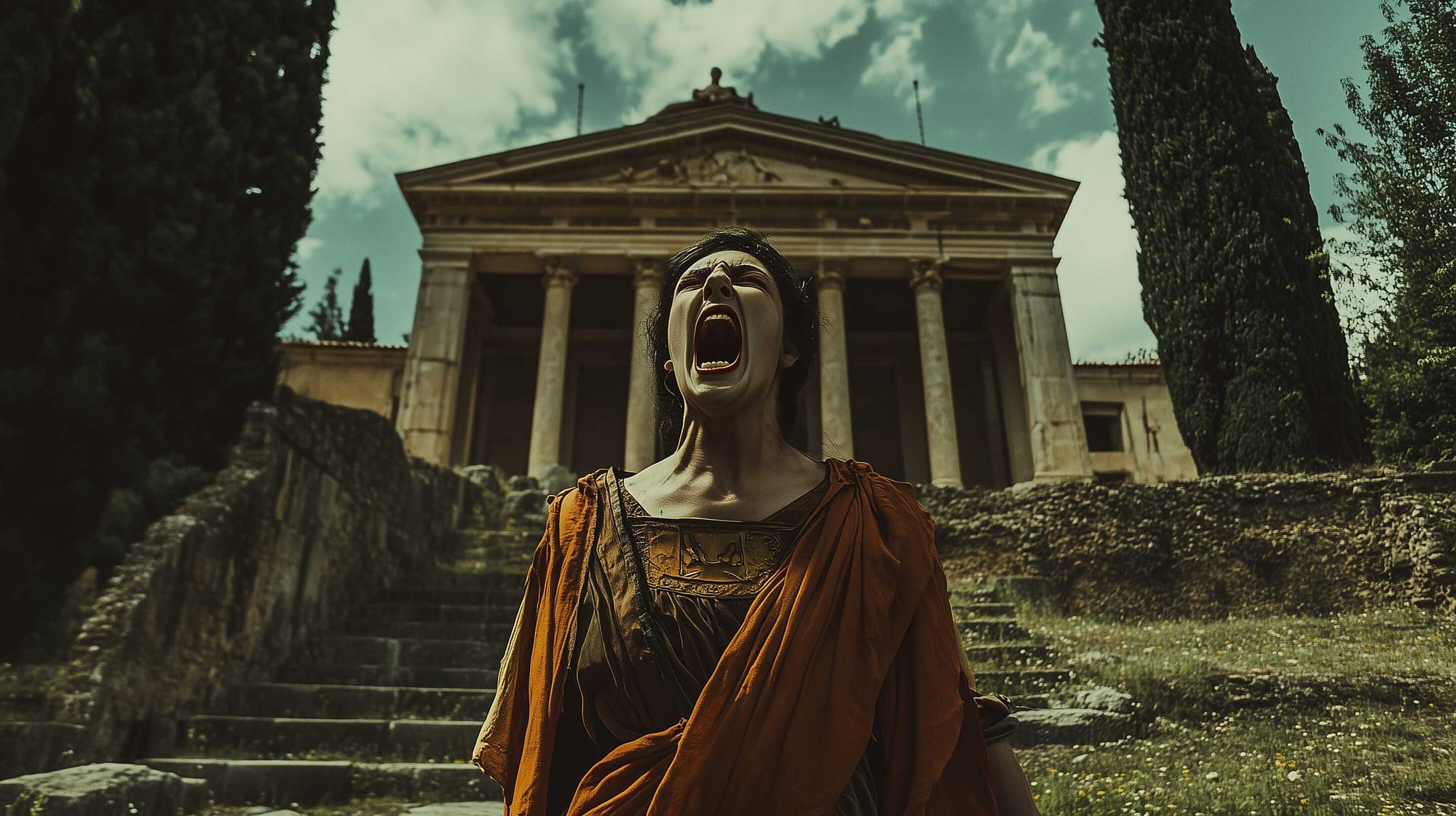 A possible representation of Calpurnia screaming as she recognises her husband’s lifeless body, Julius Caesar