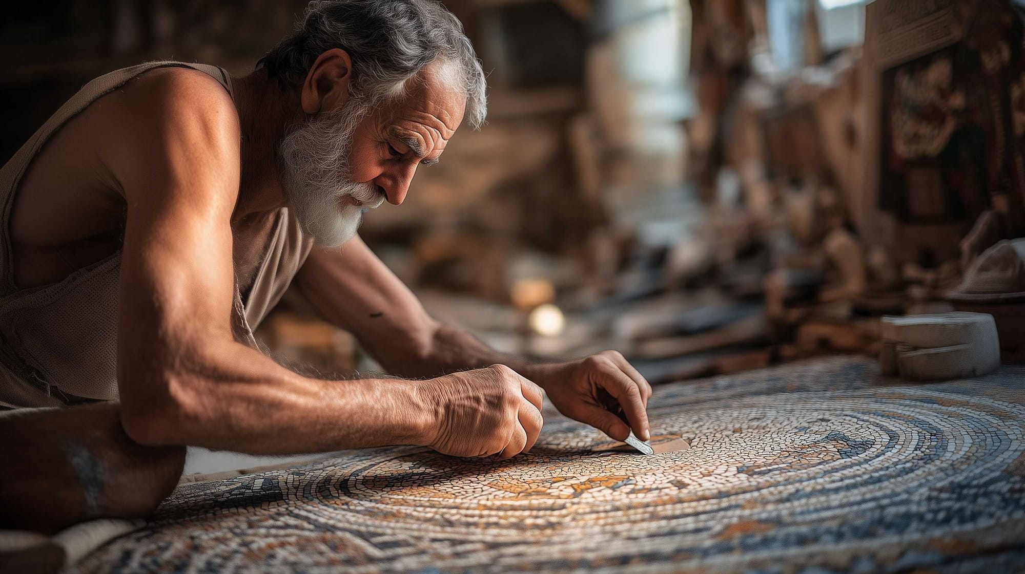 A possible representation of Sosos of Pergamon (also known as Sosus) at work, while creating a mosaic