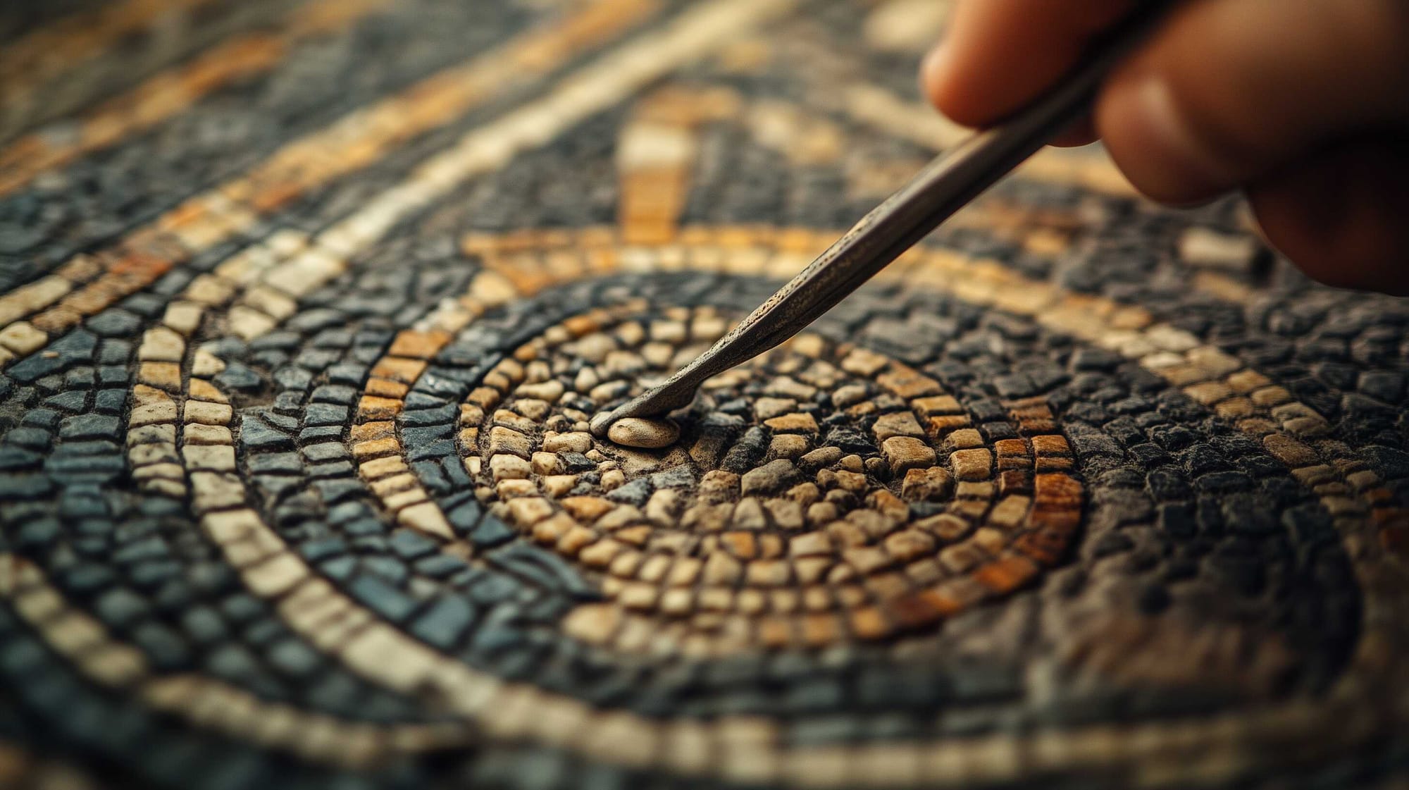 A possible representation of an ancient Roman mosaicist at work, while finishing  a mosaic