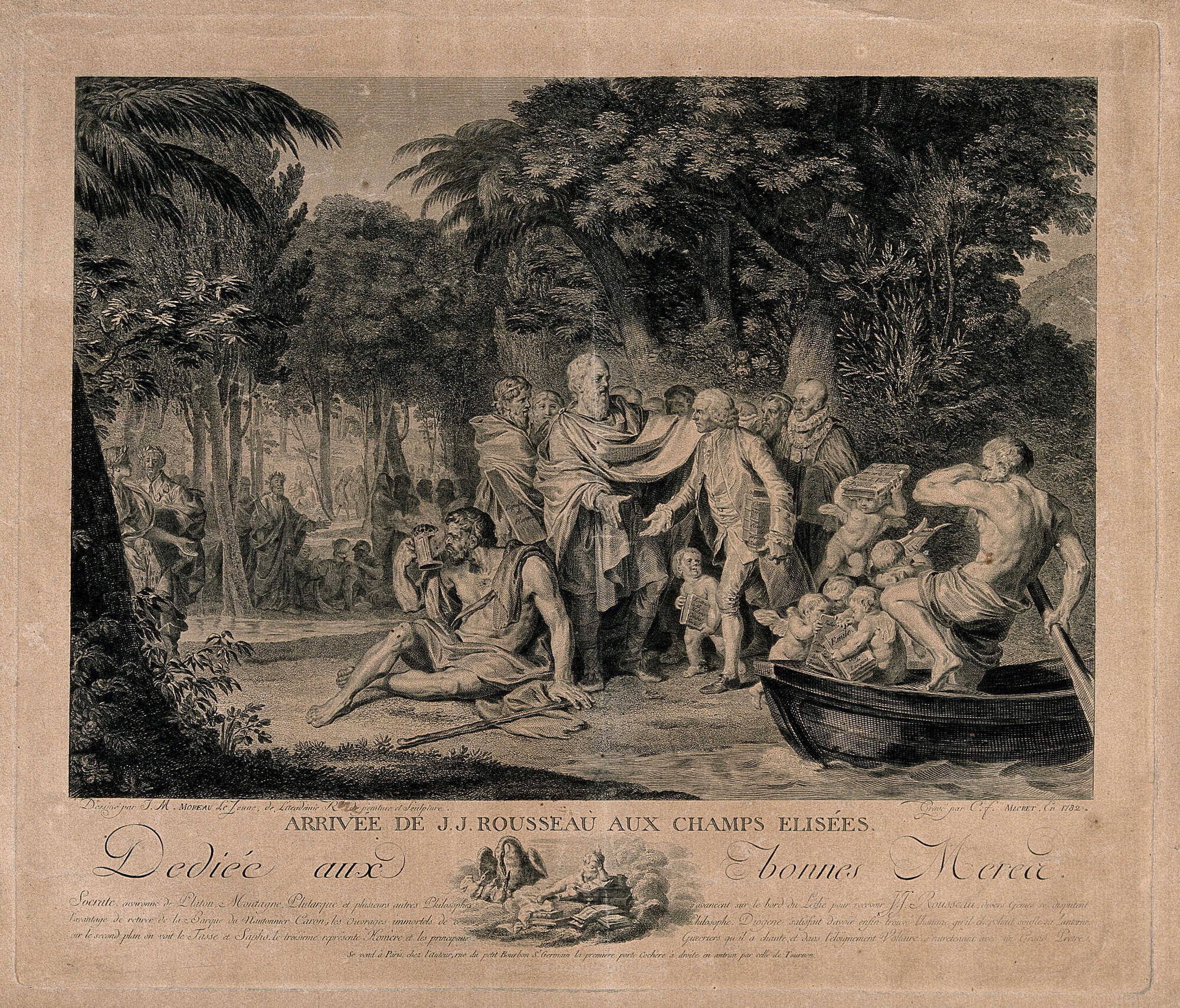 An engraving depicting Jean-Jacques Rousseau greeted by Socrates, Montaigne and Plutarch on his arrival at the Elysian Fields