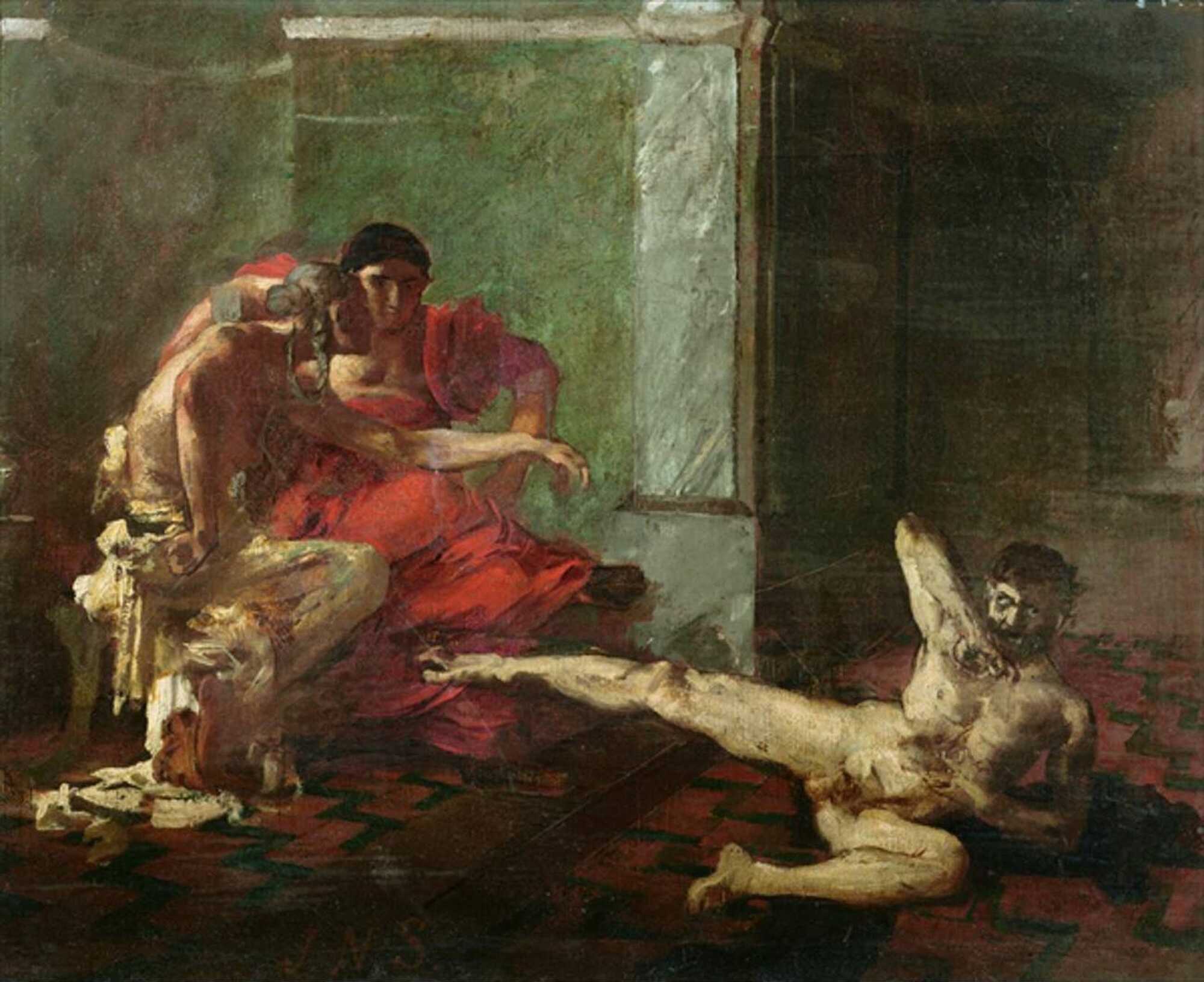 A sketch of Joseph-Noël Sylvestre, depicting Locusta testing poison on a slave