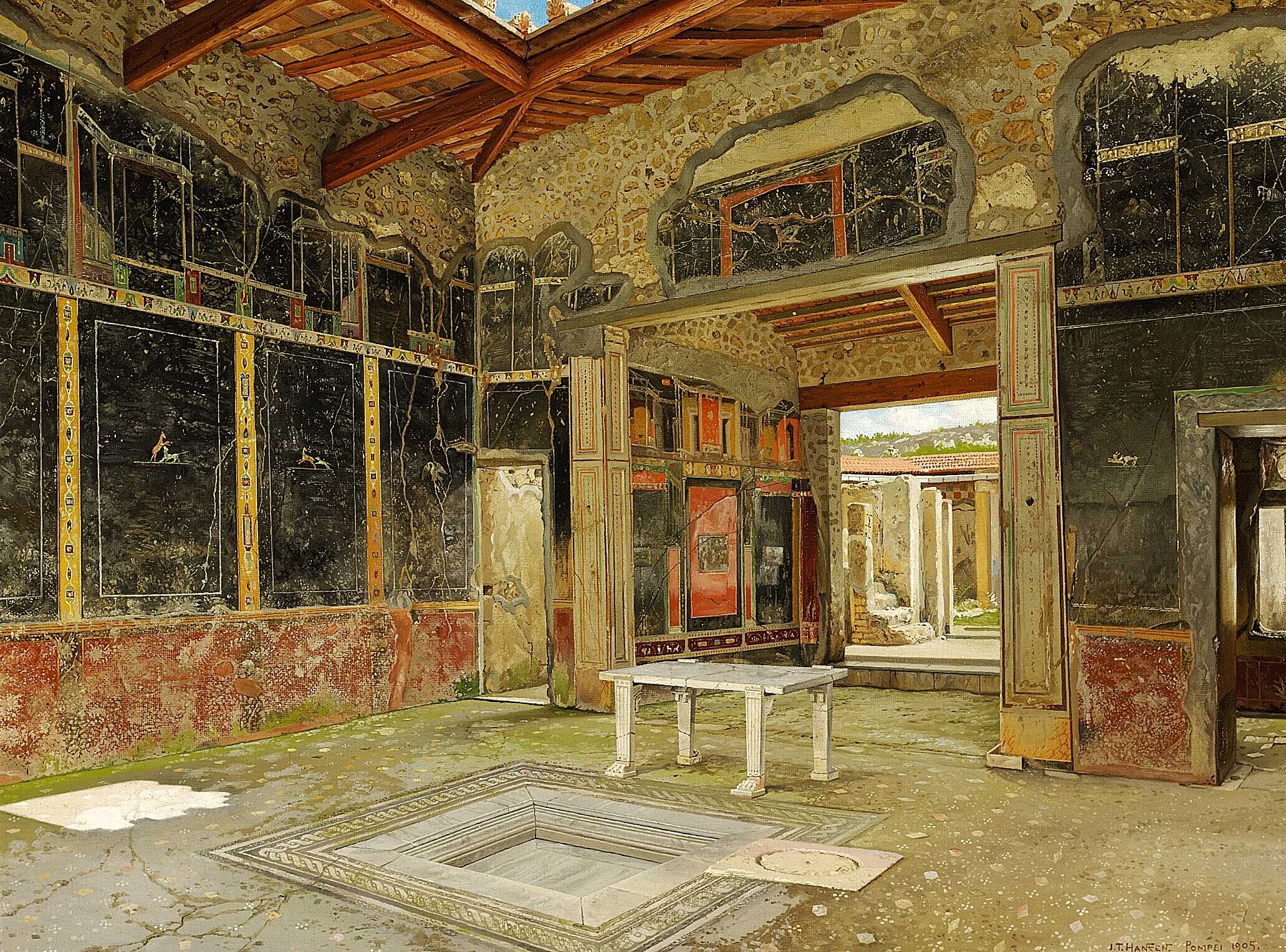 Atrium tuscanicum, no pillars. View towards the tablinum. Note the cartibulum (stone table) with unusually simple legs, the impluvium (dry), and the circular (covered) hole giving access to the cistern, just to the right of the impluvium.