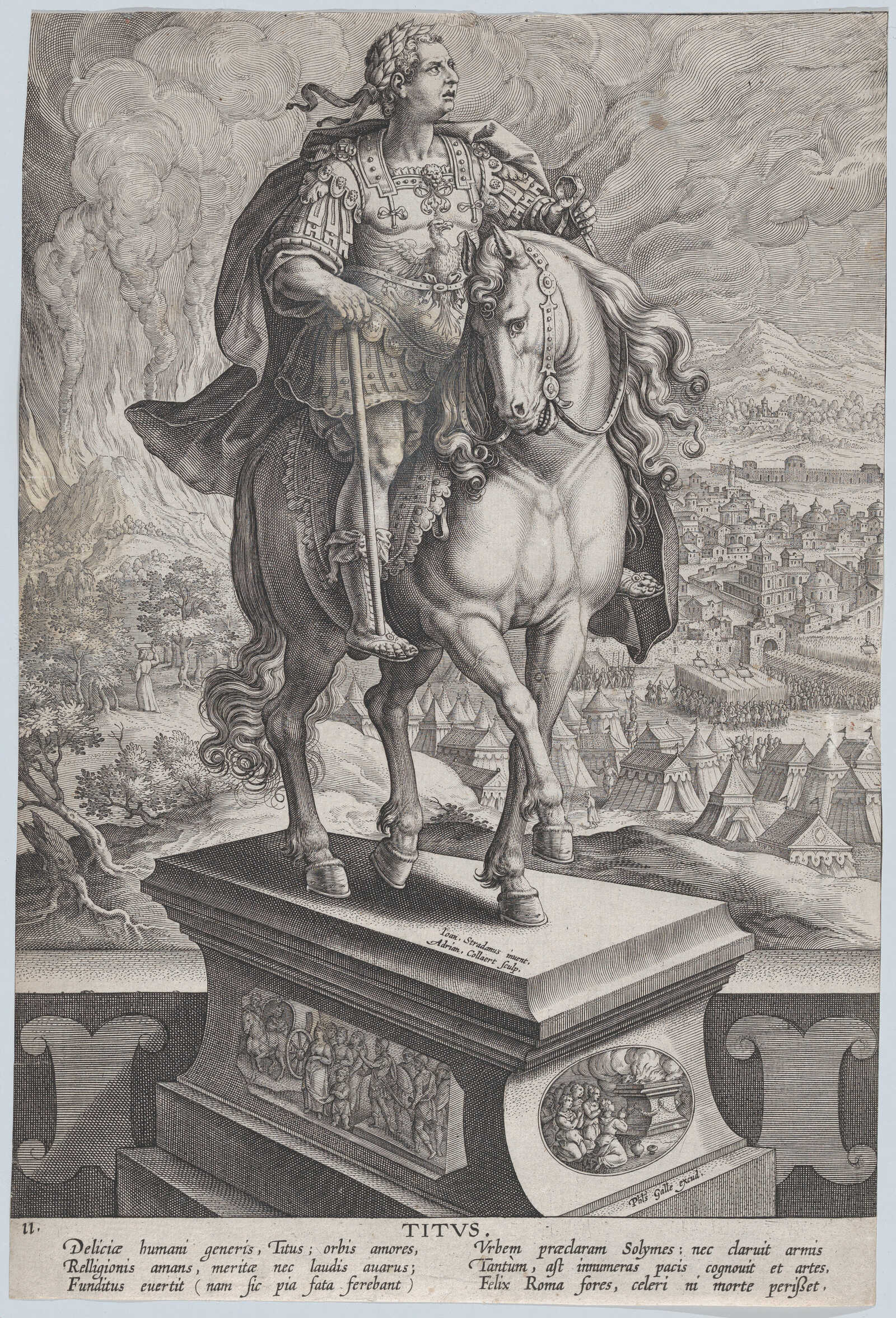 Equestrian statue of Titus, seen three-quarters to the right, Mount Vesuvius erupting at left in the background, from Roman Emperors on Horseback