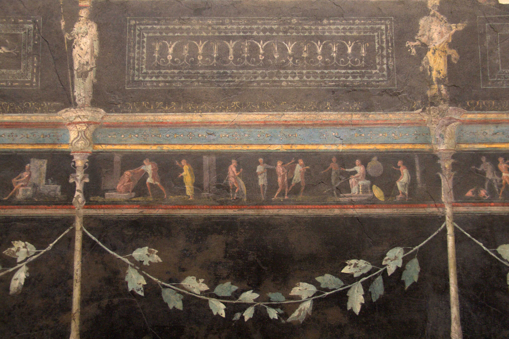 Frescoes from the Villa della Farnesina, now in the Palazzo Massimo. Triclinium C, a winter dining room, follows Vitruvius’s advice that dark colors be used to absorb and retain heat during the colder months