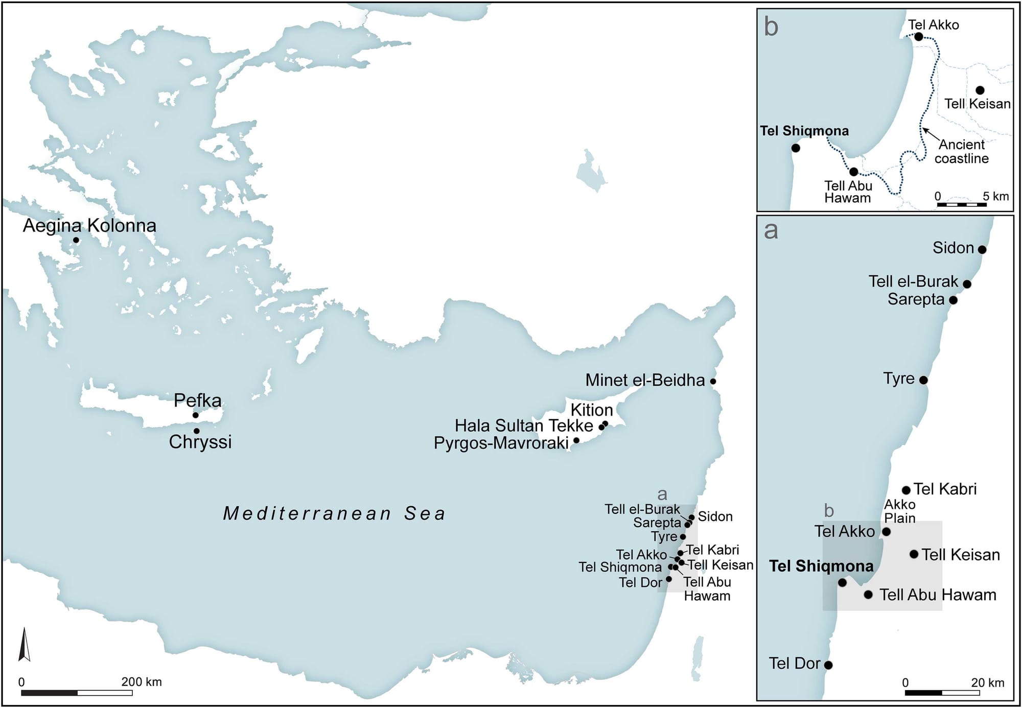 Location map of Tel Shiqmona and other sites mentioned in the recent paper