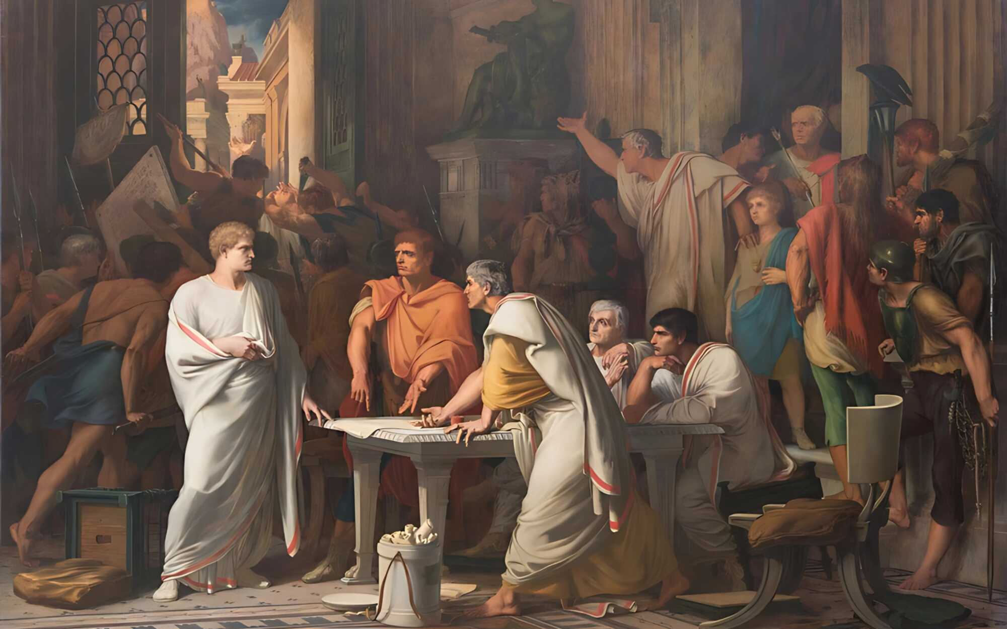 Painting by  Benjamin Ulmann. This is a depiction of an event that took place in 88 BC, when the consul Lucius Cornelius Sulla was forced by a mob led by the tribune of the plebs Sulpicius to seek shelter in the house of Gaius Marius. 