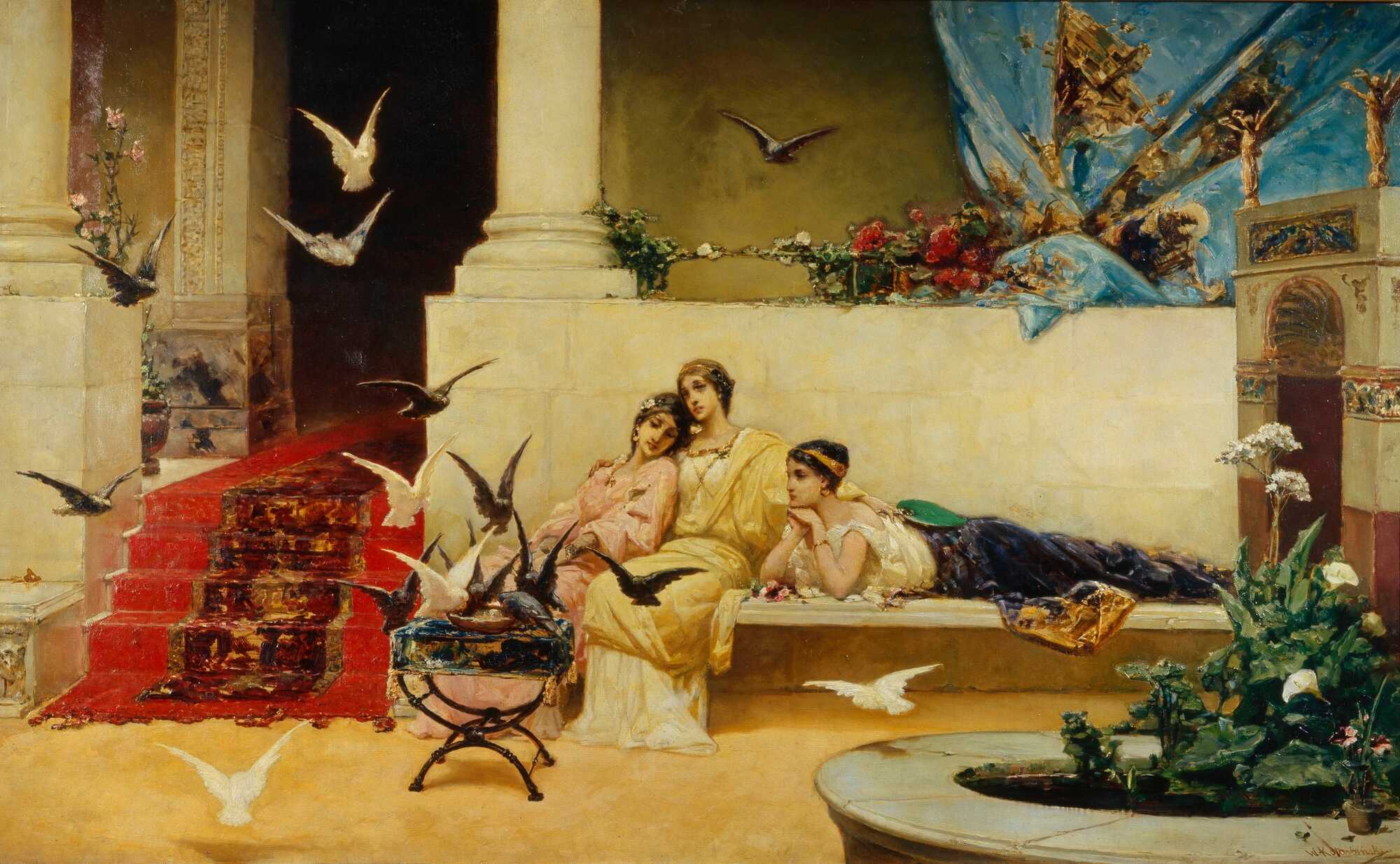 A 19th-century depiction shows Roman women feeding birds. From the collection of the Museum of Architecture and Art, Alupka.