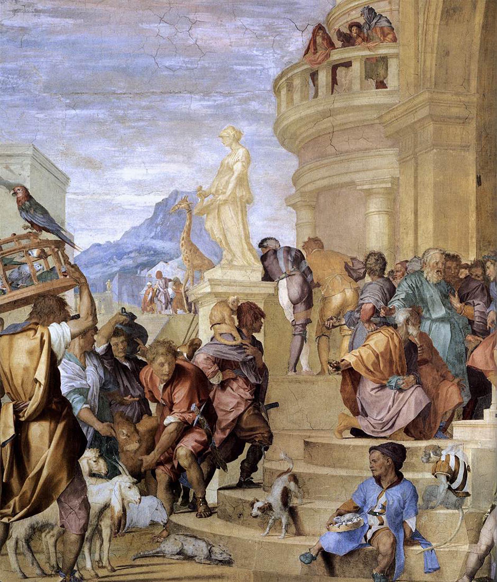 A detail from Andrea del Sarto’s painting Triumph of Caesar, showcasing a variety of Roman pets, from dogs and parrots, to monkeys and other exotic animals