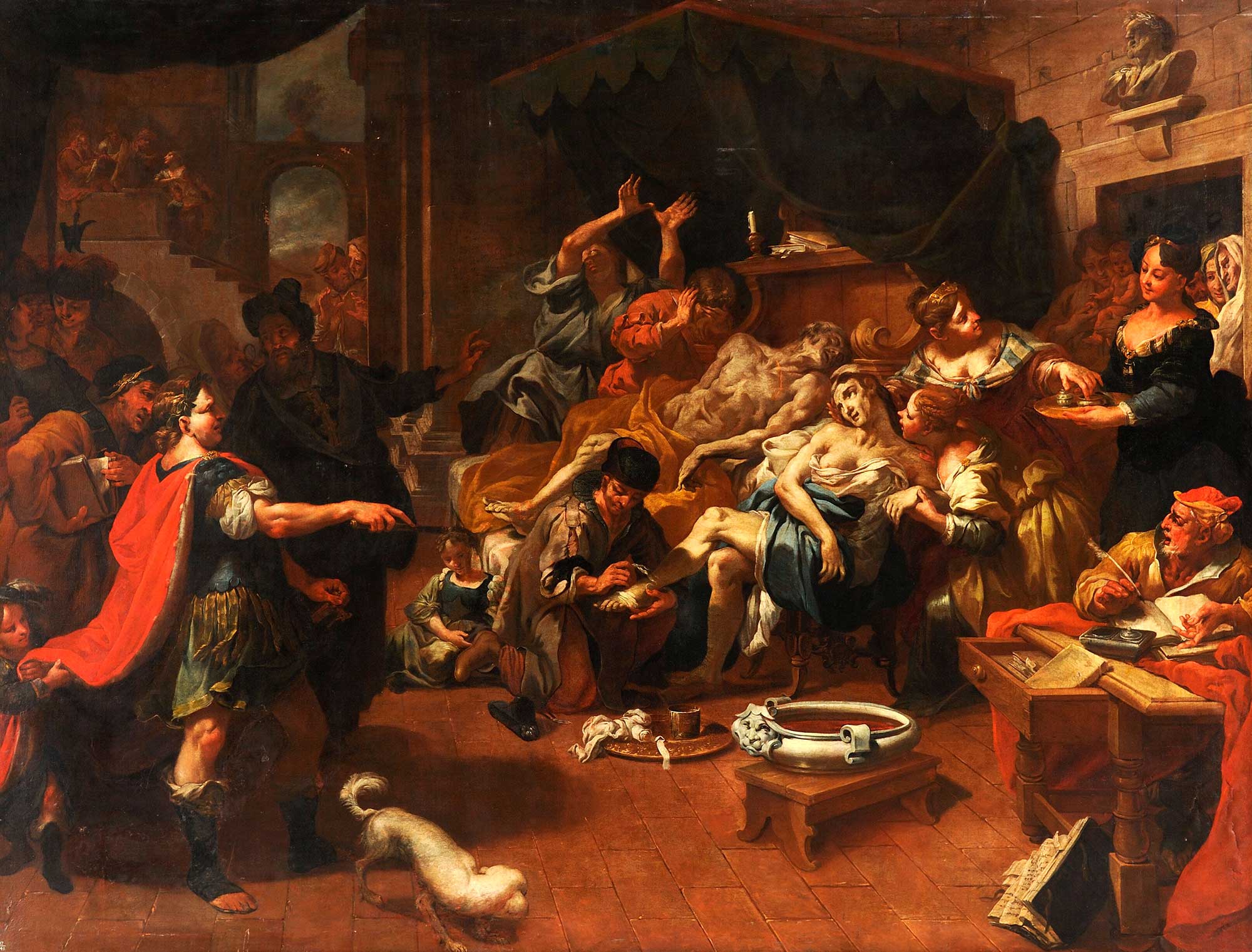 After the suicide of Seneca the Younger, the Emperor Nero orders the arrest of the suicide of Seneca's wife Pompeia Paulina, from the Wellcome Collection