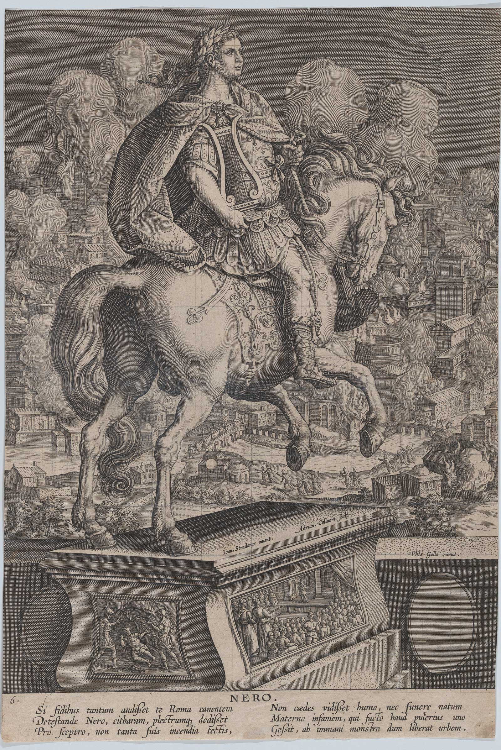 Equestrian statue of Nero, seen from behind, the Great Fire of Rome in the background, from Roman Emperors on Horseback, MET Museum