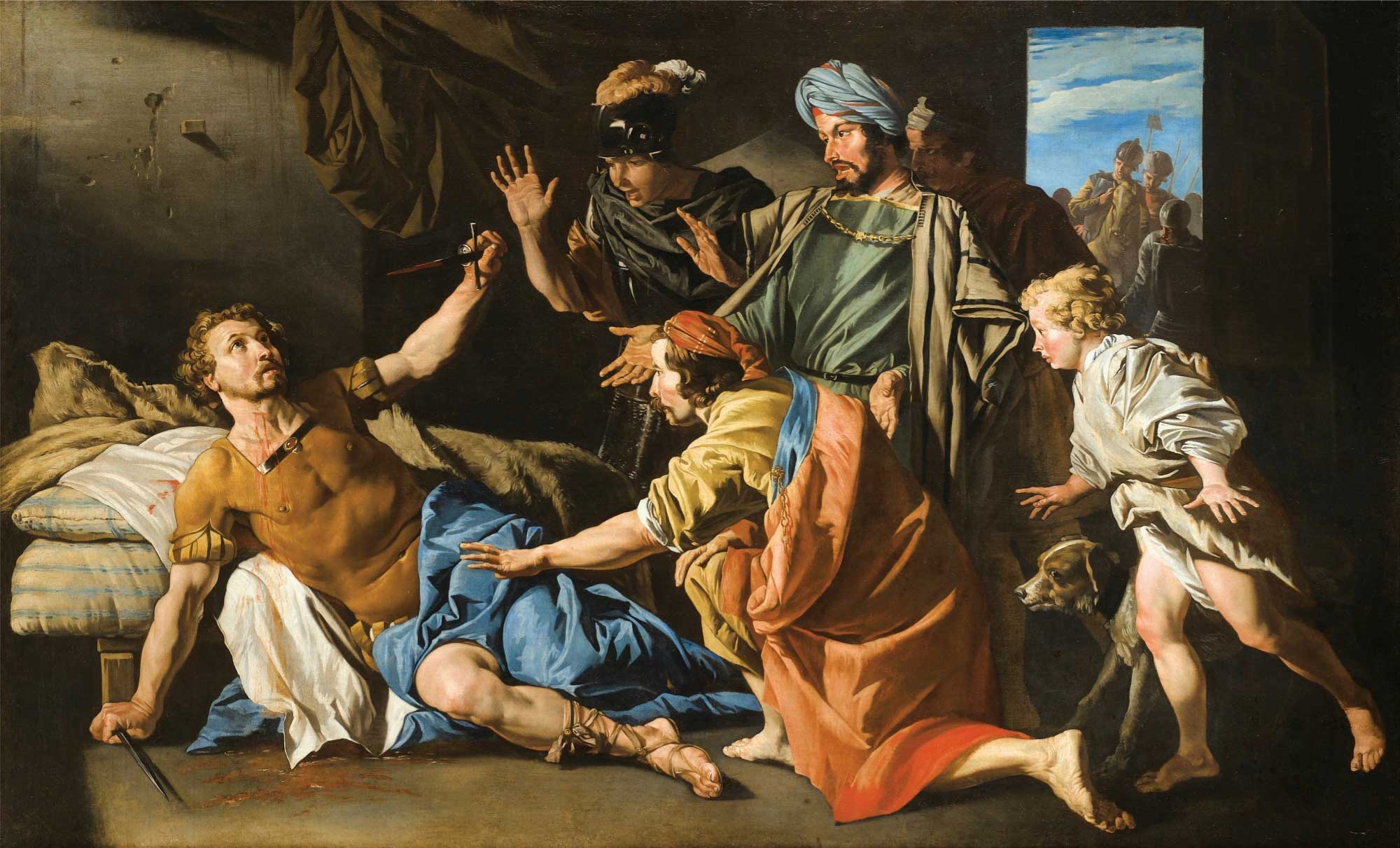 Matthias Stom's painting, The death of Brutus by suicide (falling on his sword after the lost battle of Philippi)