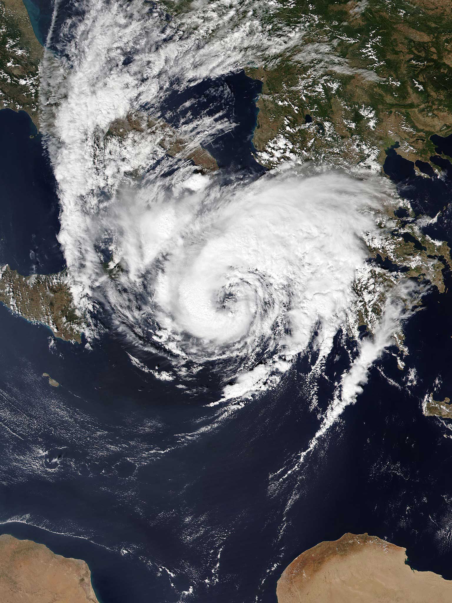 Medicane Ianos below Italy, approaching Greece at peak intensity on 17 September 2020, a photo by NASA's ESODIS Worldview