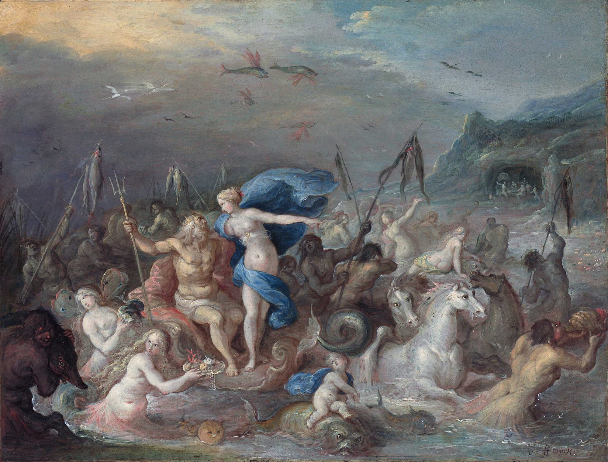 The Triumph of Neptune and Amphitrite, by Frans Francken, Neptune—the Roman god of water—and his wife, Amphitrite, ride a chariot pulled by sea horses, his trident representing his power over water and storms