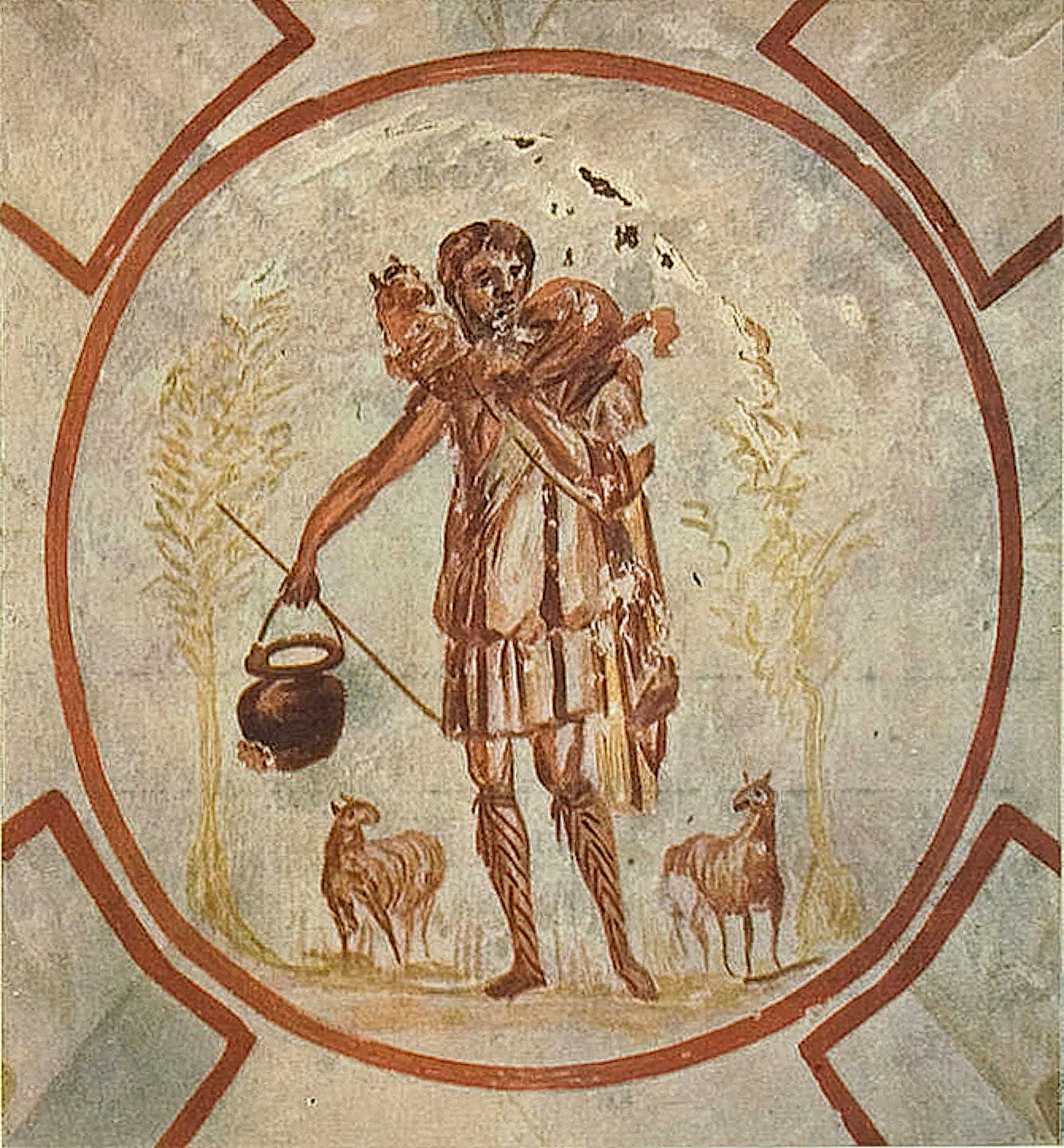 Early Christian Fresco of The Good Shepherd, Priscilla Catacomb, in Rome
