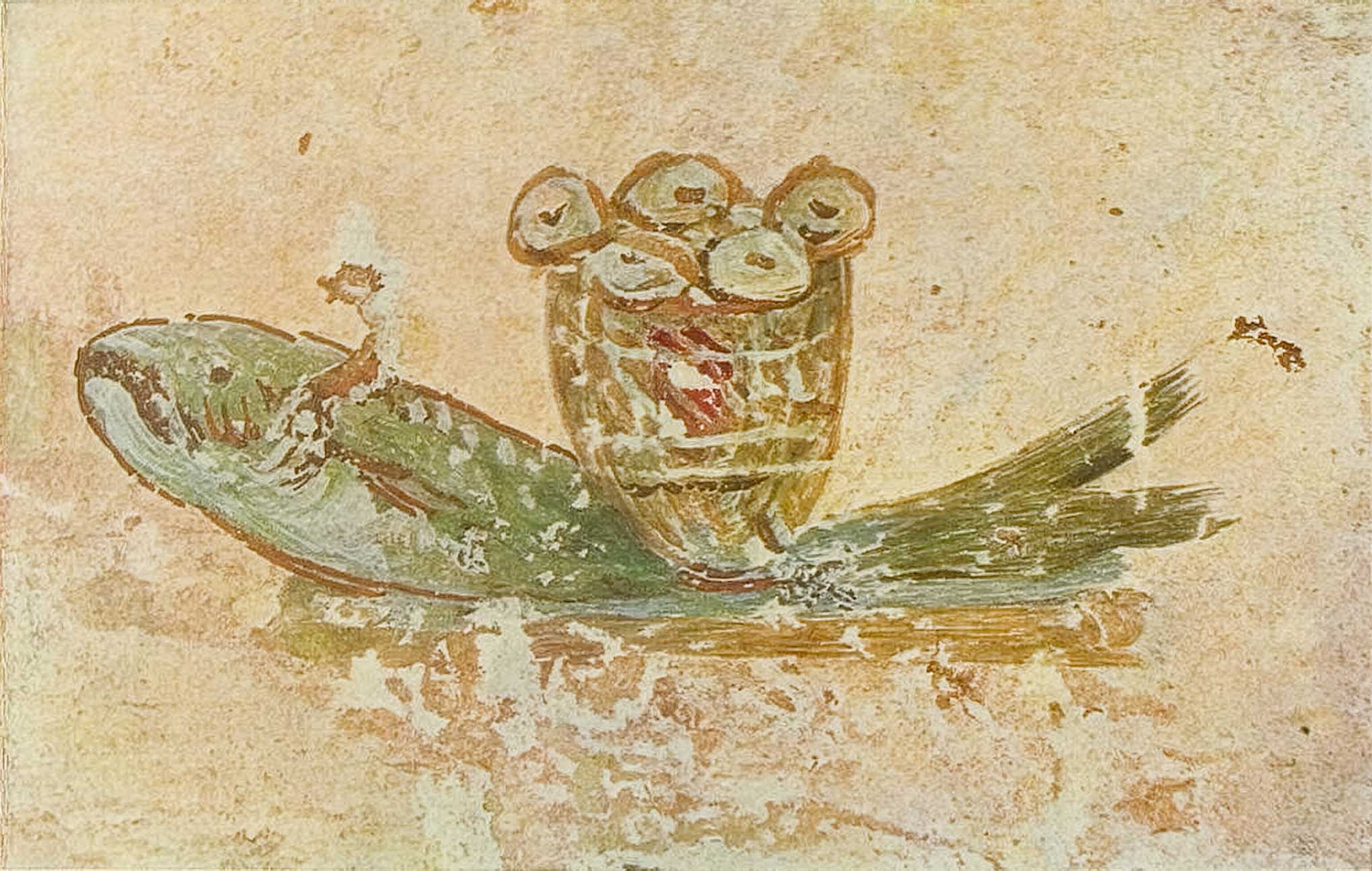 Eucharistic bread and fish, Early Christian Fresco in Catacomb of Callistus, in Rome