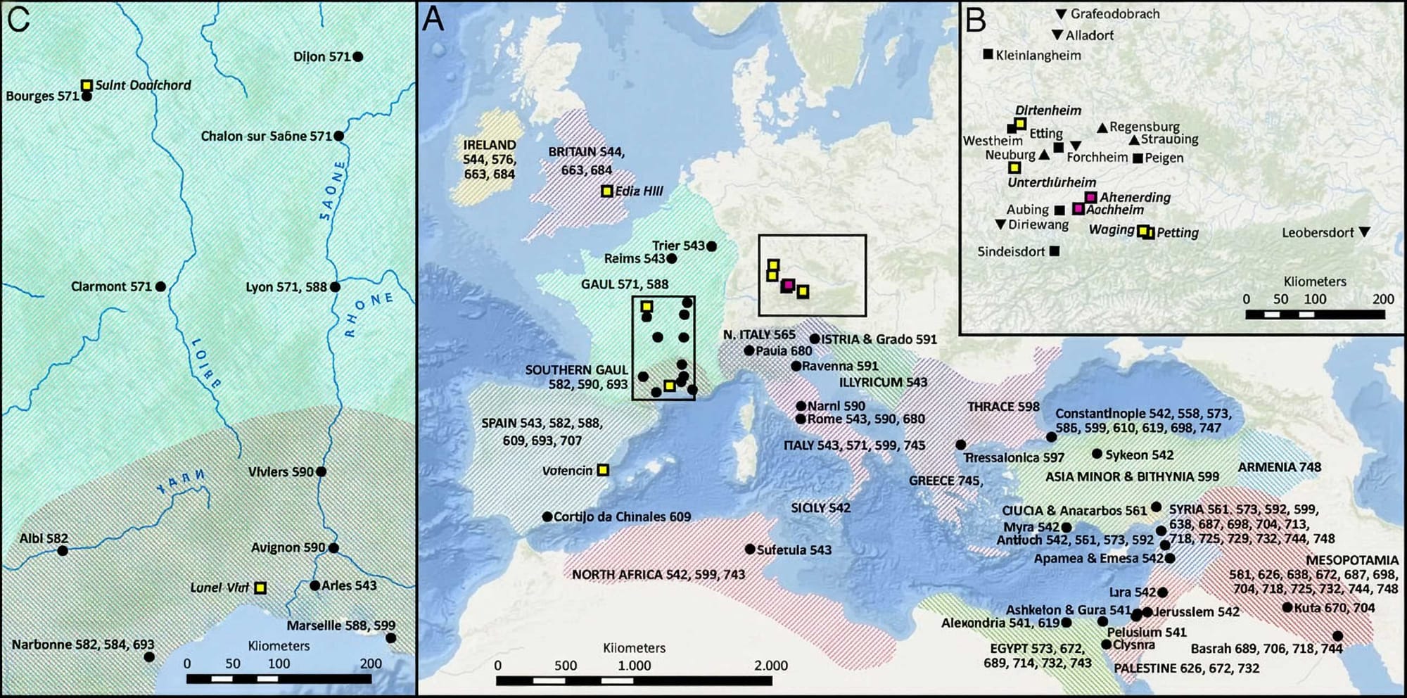 Geographic extent of the Justinian Plague or the First Pandemic and sampled sites, maps of historically documented occurrences